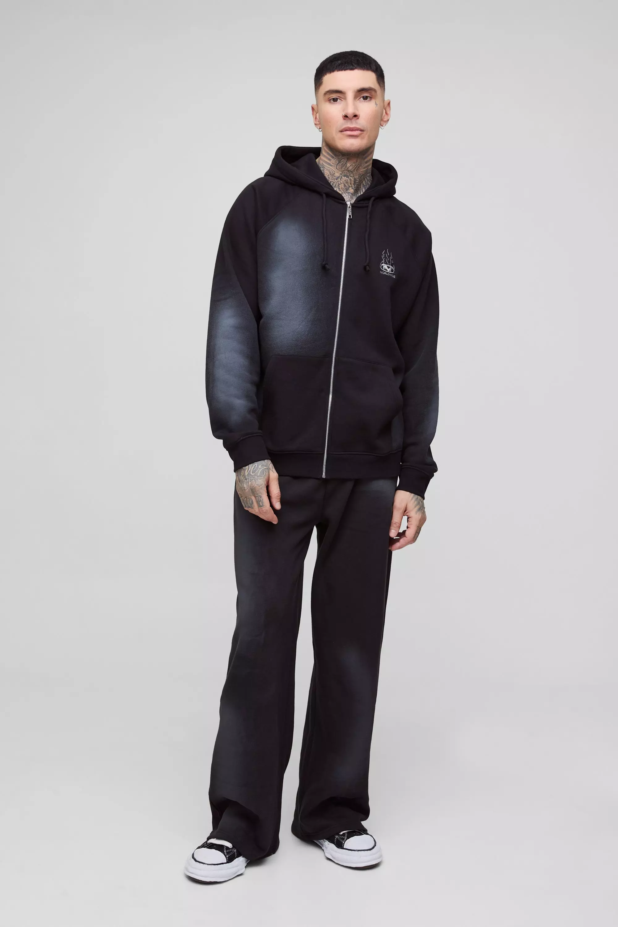 Tall Oversized Raglan Zip Thru Embroidered Spray Wash Hooded Tracksuit | boohooMAN USA