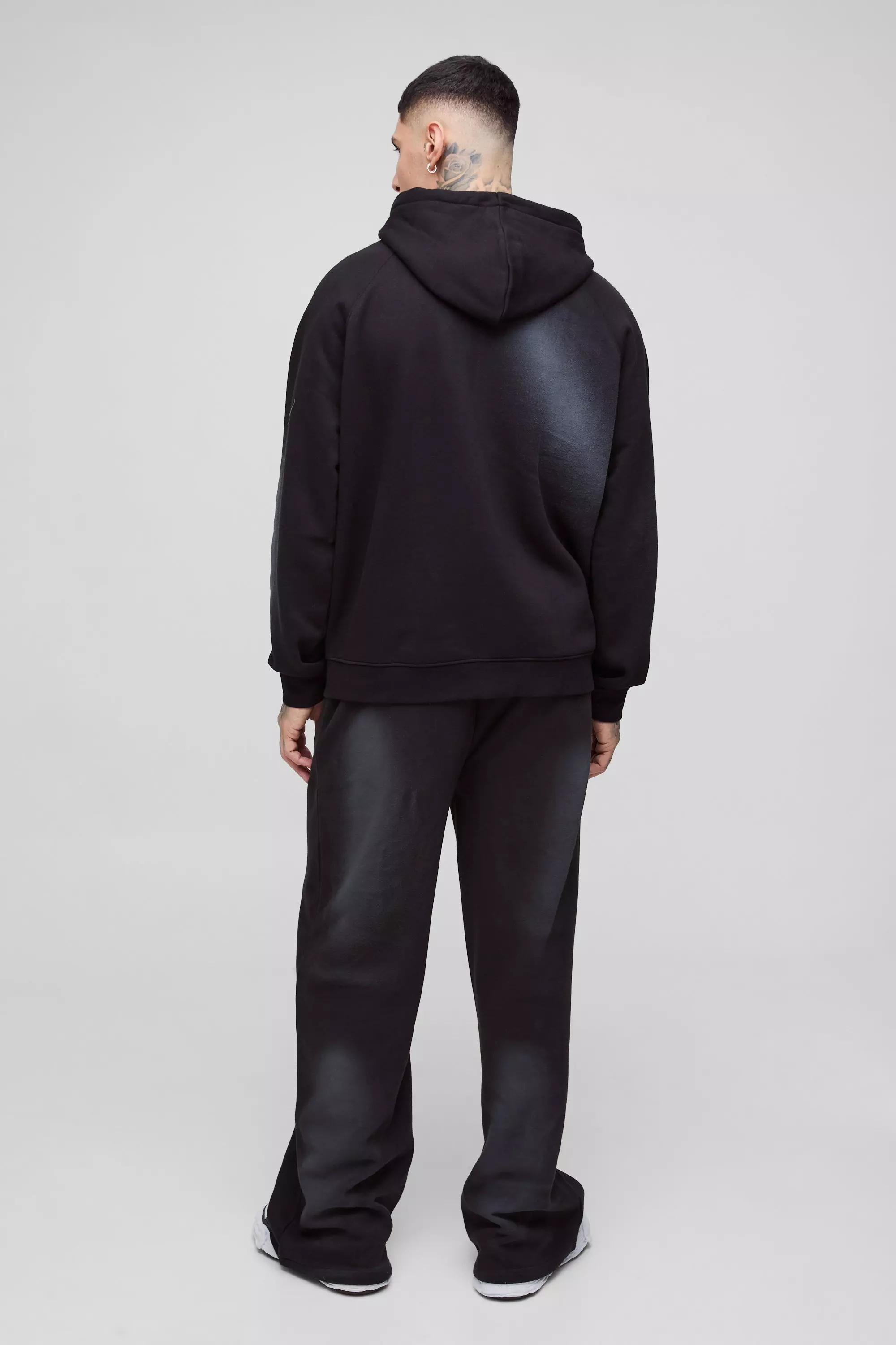 Tall Oversized Raglan Zip Thru Embroidered Spray Wash Hooded Tracksuit | boohooMAN USA
