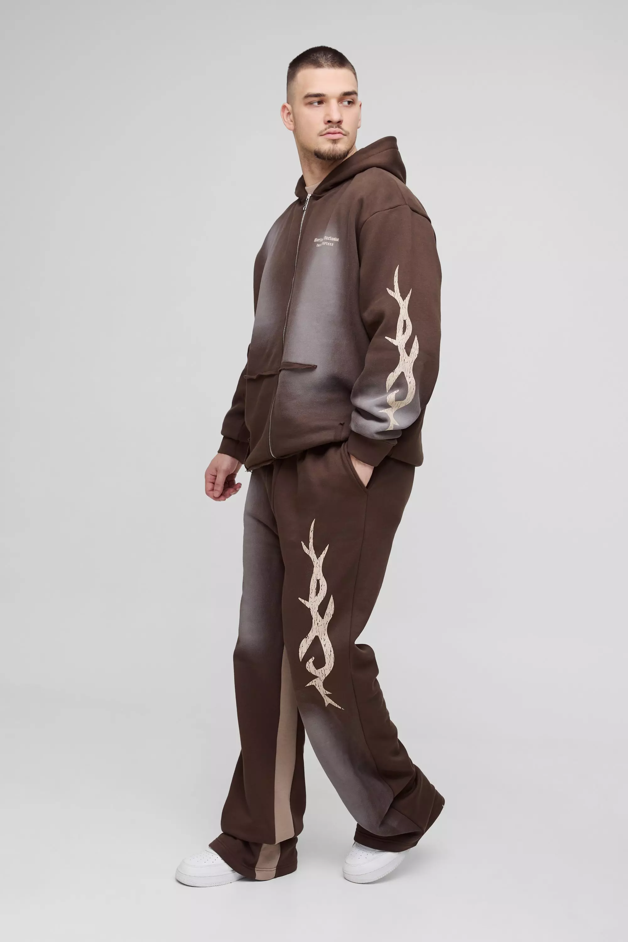 Tall Oversized Zip Thru Graphic Spray Wash Hooded Relaxed Flare Tracksuit Chocolate