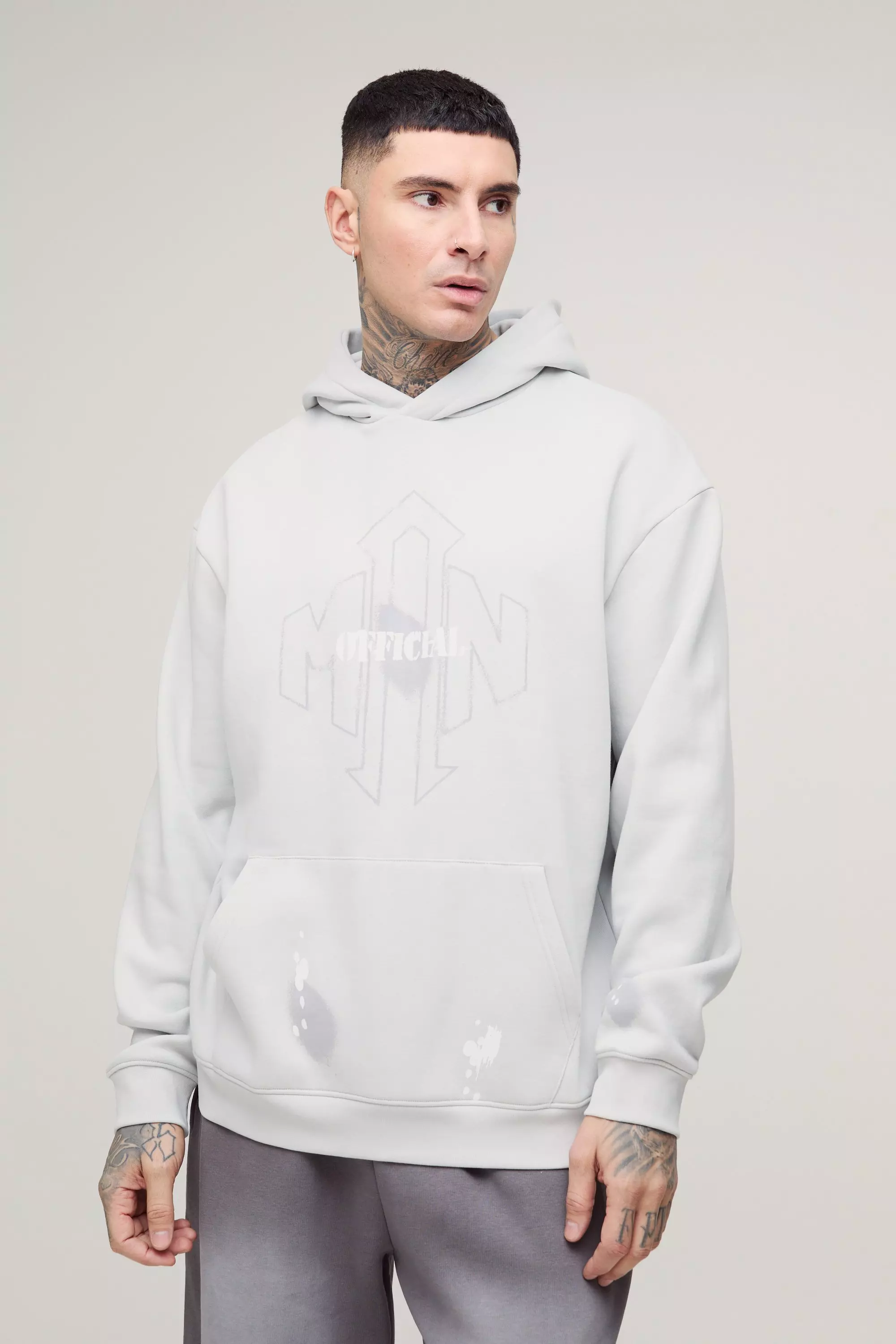 Tall Oversized Man Paint Splatter Hoodie Grey