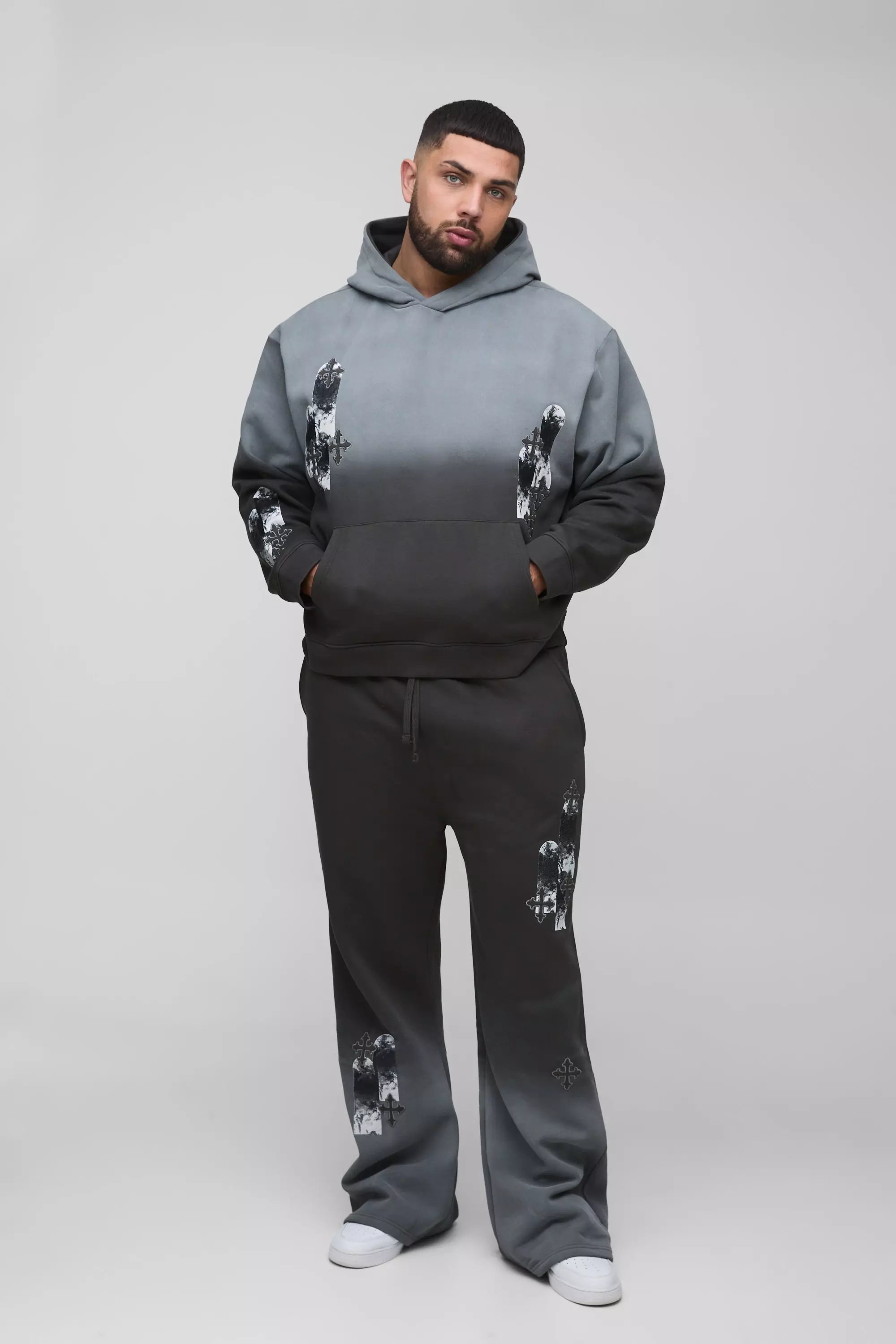 Plus Oversized Boxy Applique Cross Spray Wash Hooded Relaxed Flare Tracksuit | boohooMAN USA