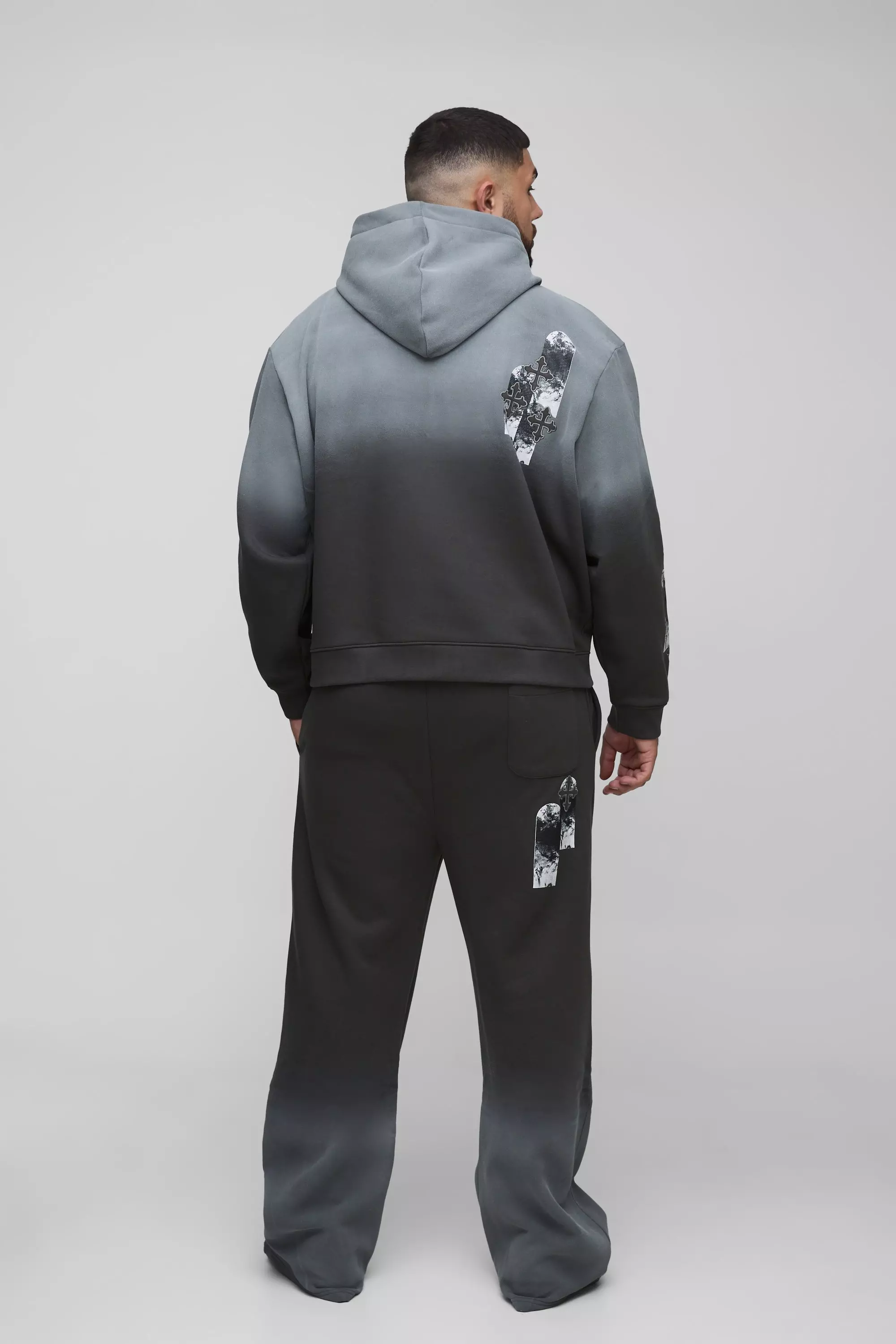 Plus Oversized Boxy Applique Cross Spray Wash Hooded Relaxed Flare Tracksuit | boohooMAN USA