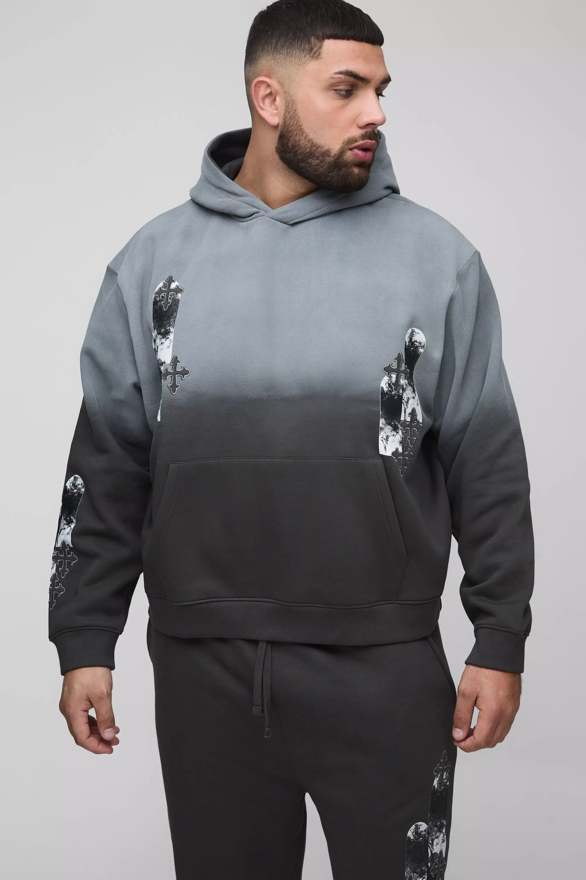 Plus Oversized Boxy Applique Cross Spray Wash Hooded Relaxed Flare Tracksuit | boohooMAN USA