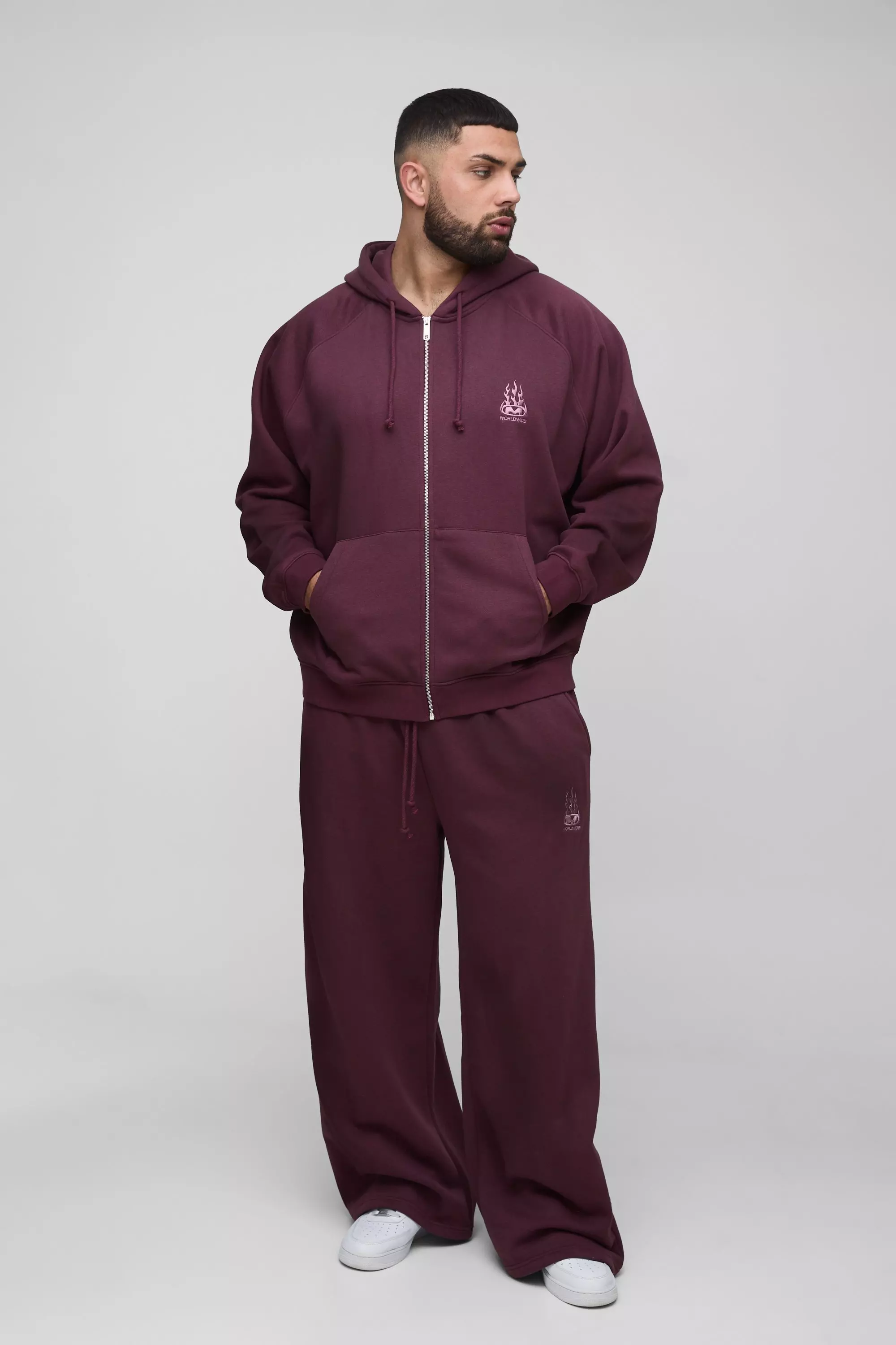 Burgundy Red Plus Oversized Raglan Zip Thru Embroidered Spray Wash Hooded Tracksuit