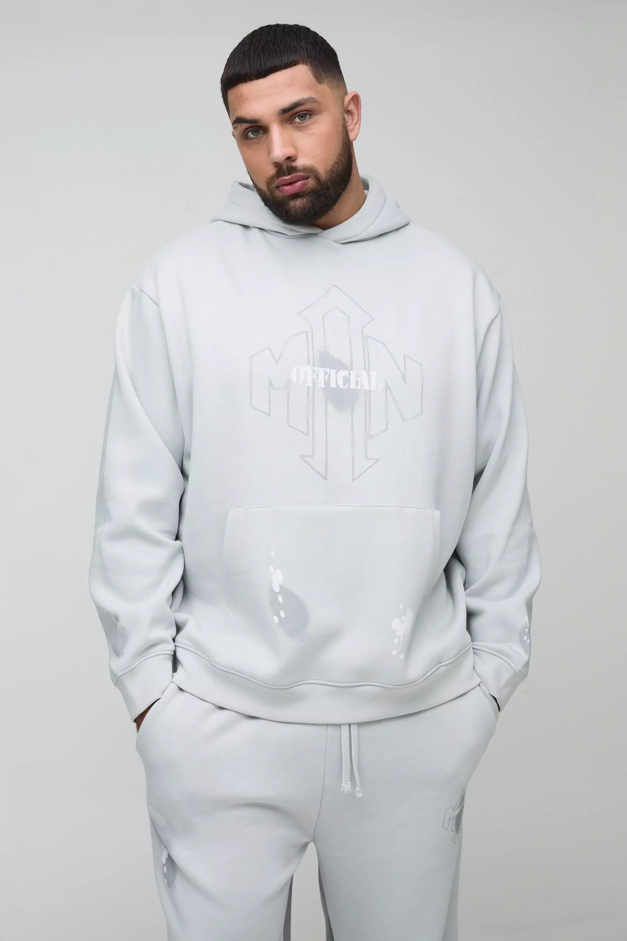 Grey Plus Oversized Man Hoodie Met Verfspetters alternatieve afbeelding