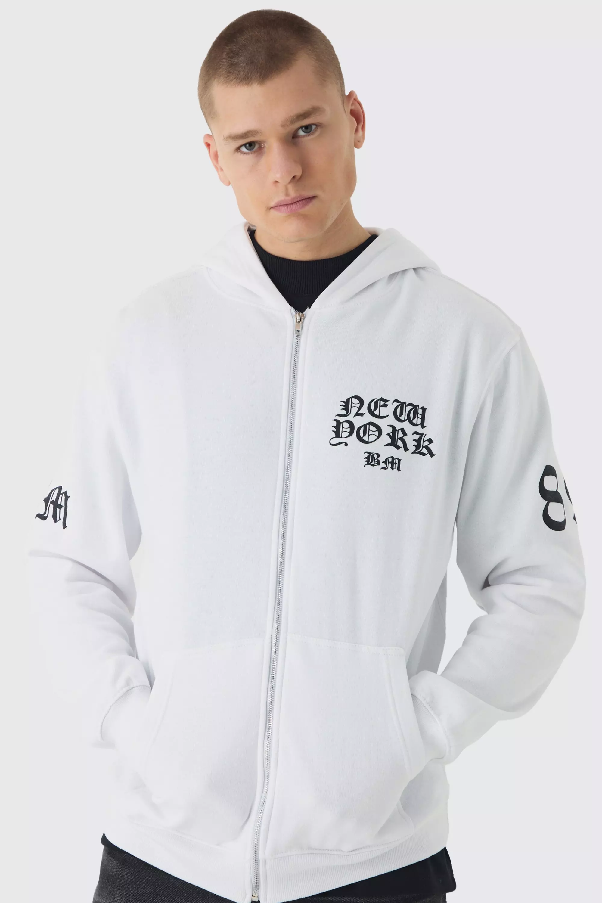 Felpa Con Stampa New York, Zip E Cappuccio, White immagine alternativa