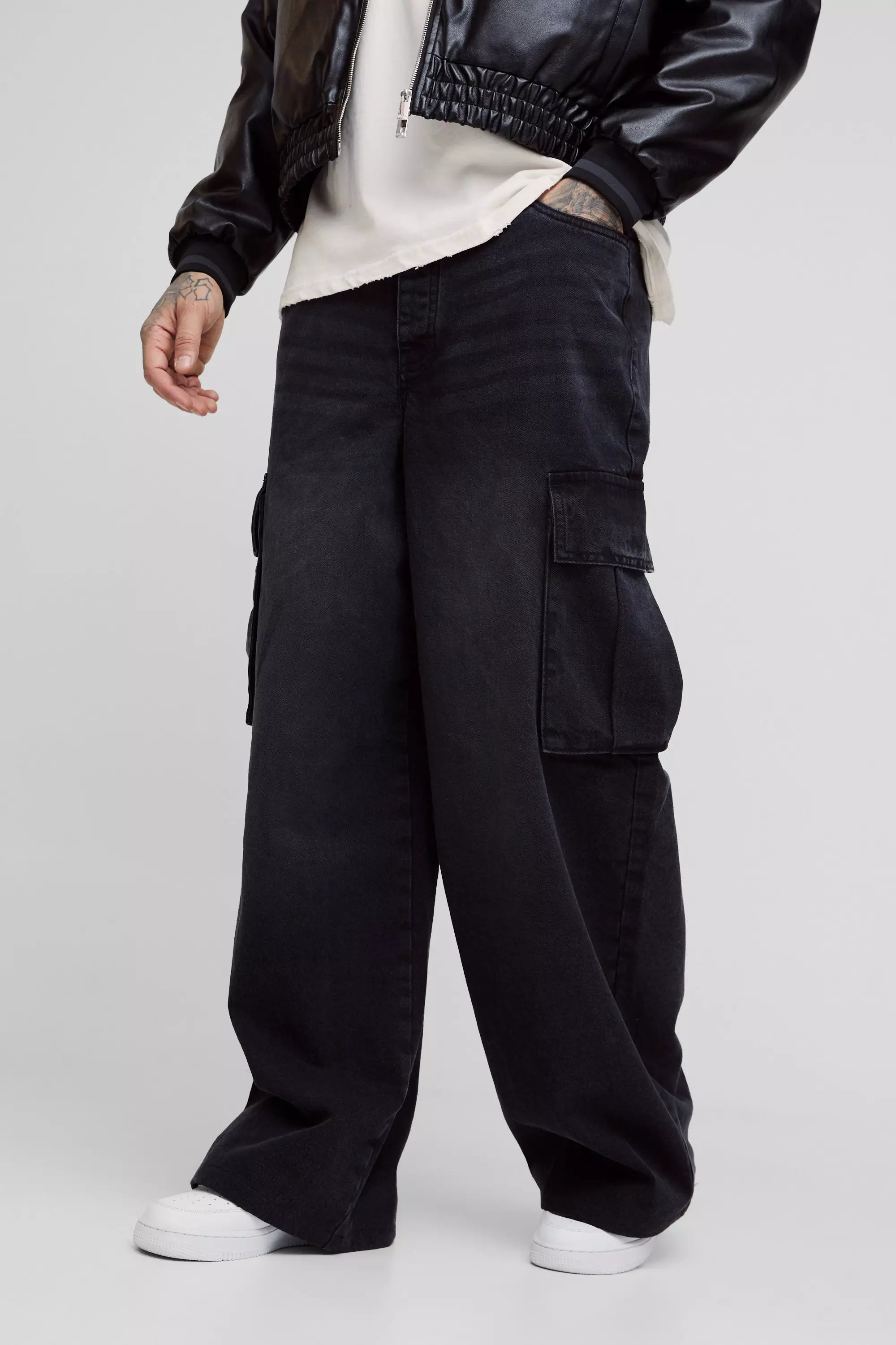 Black Tall Denim Cargo Parachute Jeans with Pleat Waist Detail