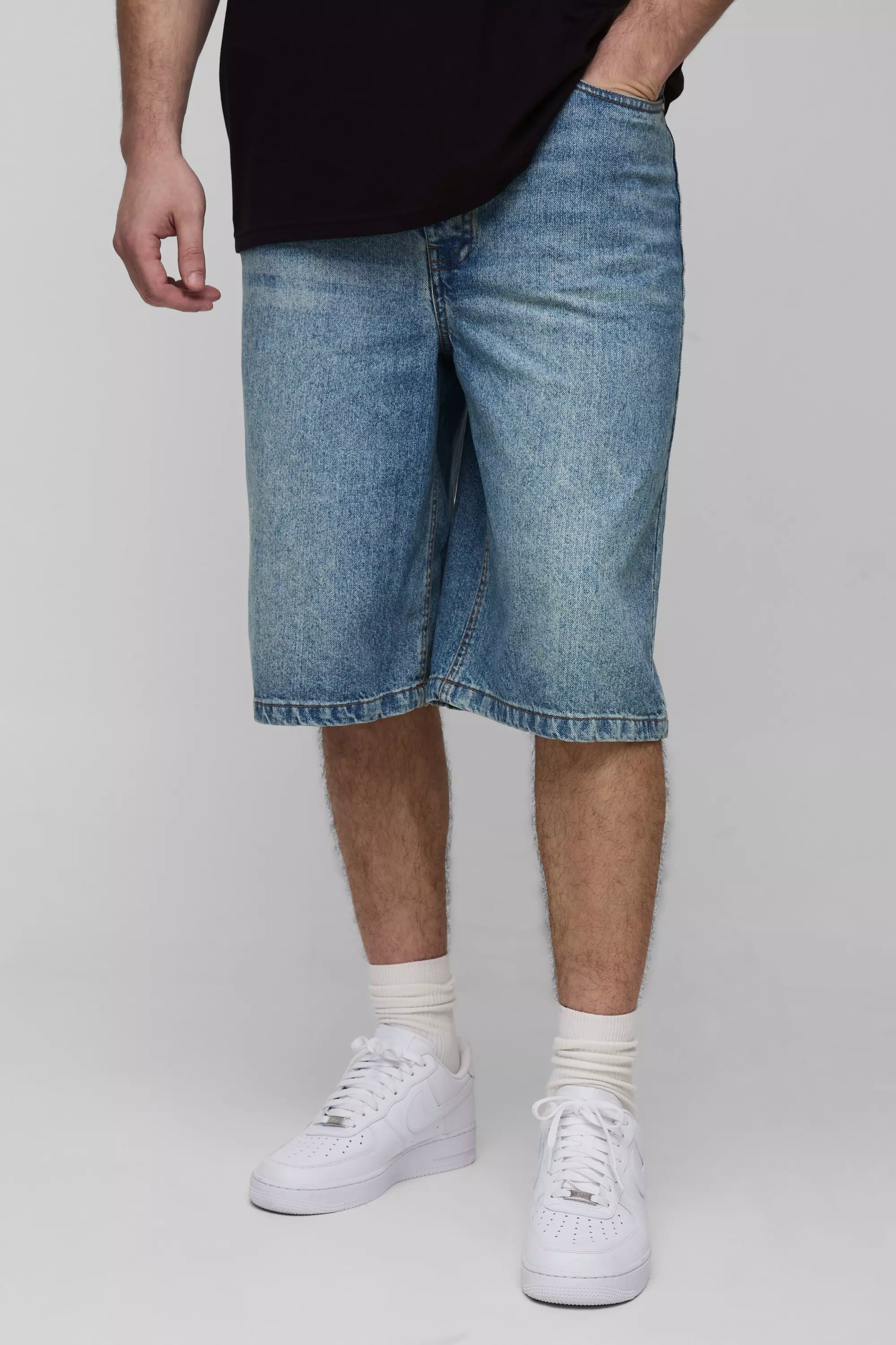 Blue Tall Relaxed Fit Jorts with Pleat Waist Detail