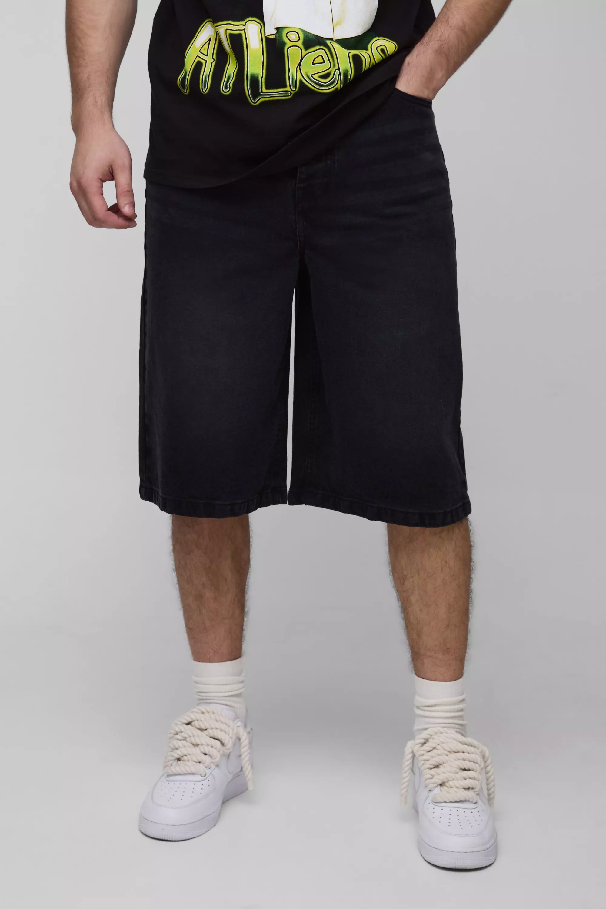 Washed black Tall Relaxed Fit Jorts with Pleat Waist Detail alternative image