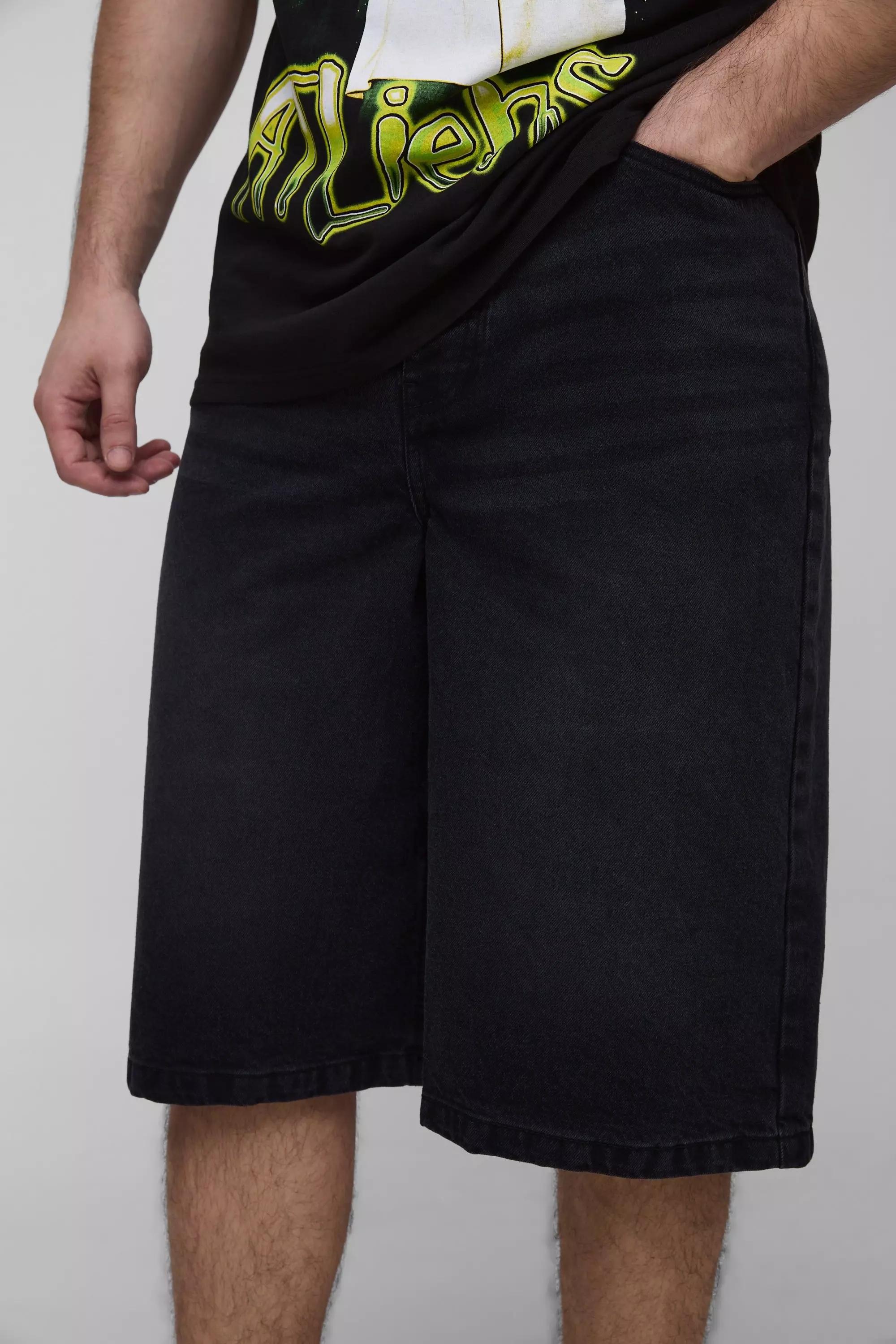 Washed black Tall Relaxed Fit Jorts with Pleat Waist Detail alternative image