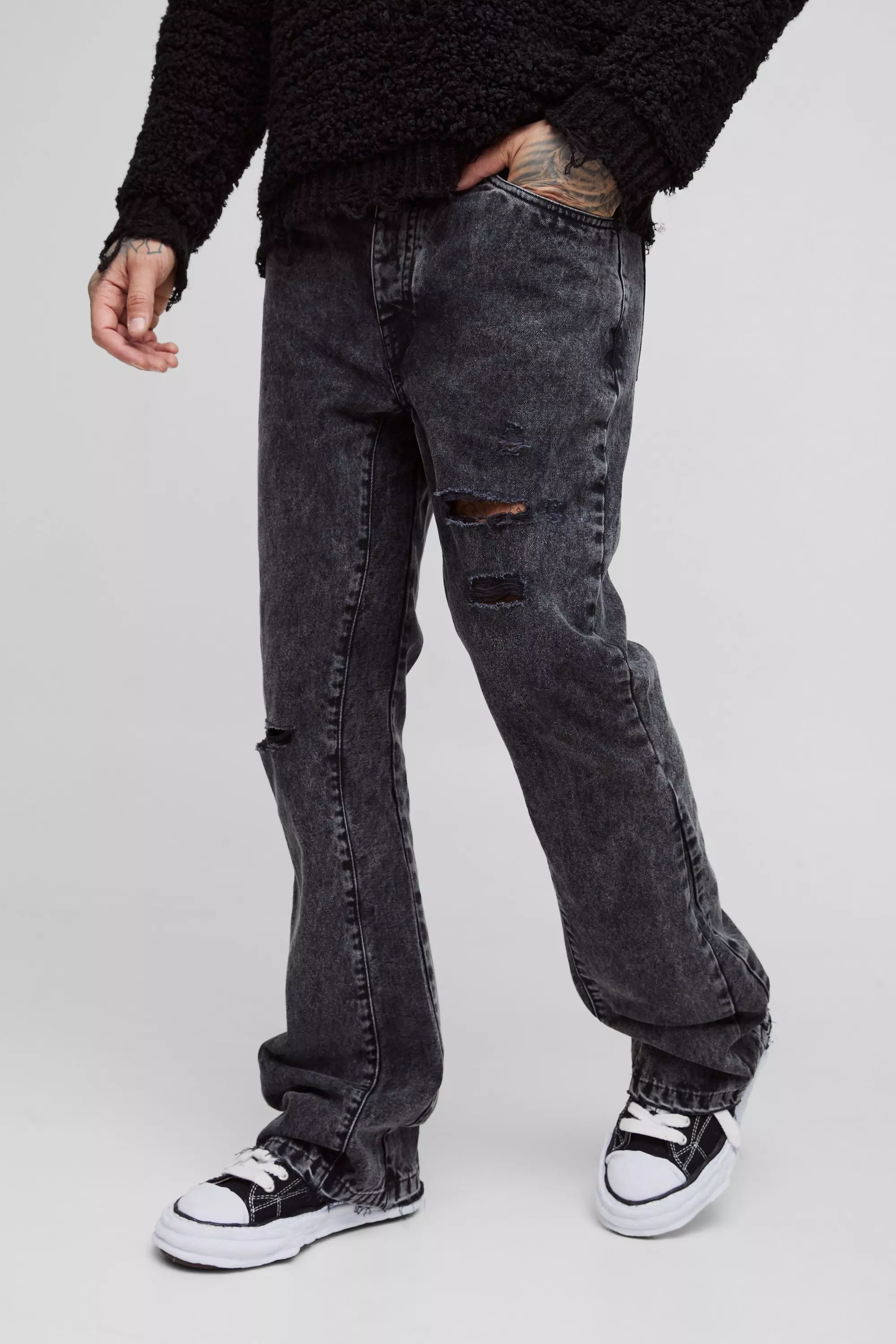 Tall Slim Rigid Flare Distressed Gusset Panel Acid Washed Jeans Washed black