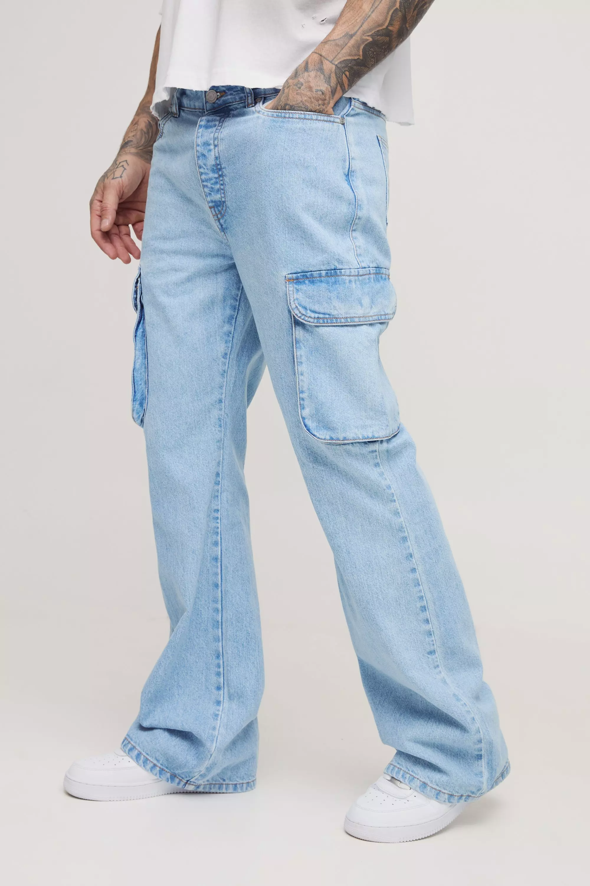 Blue Tall Relaxed Rigid Flare Cargo Jeans