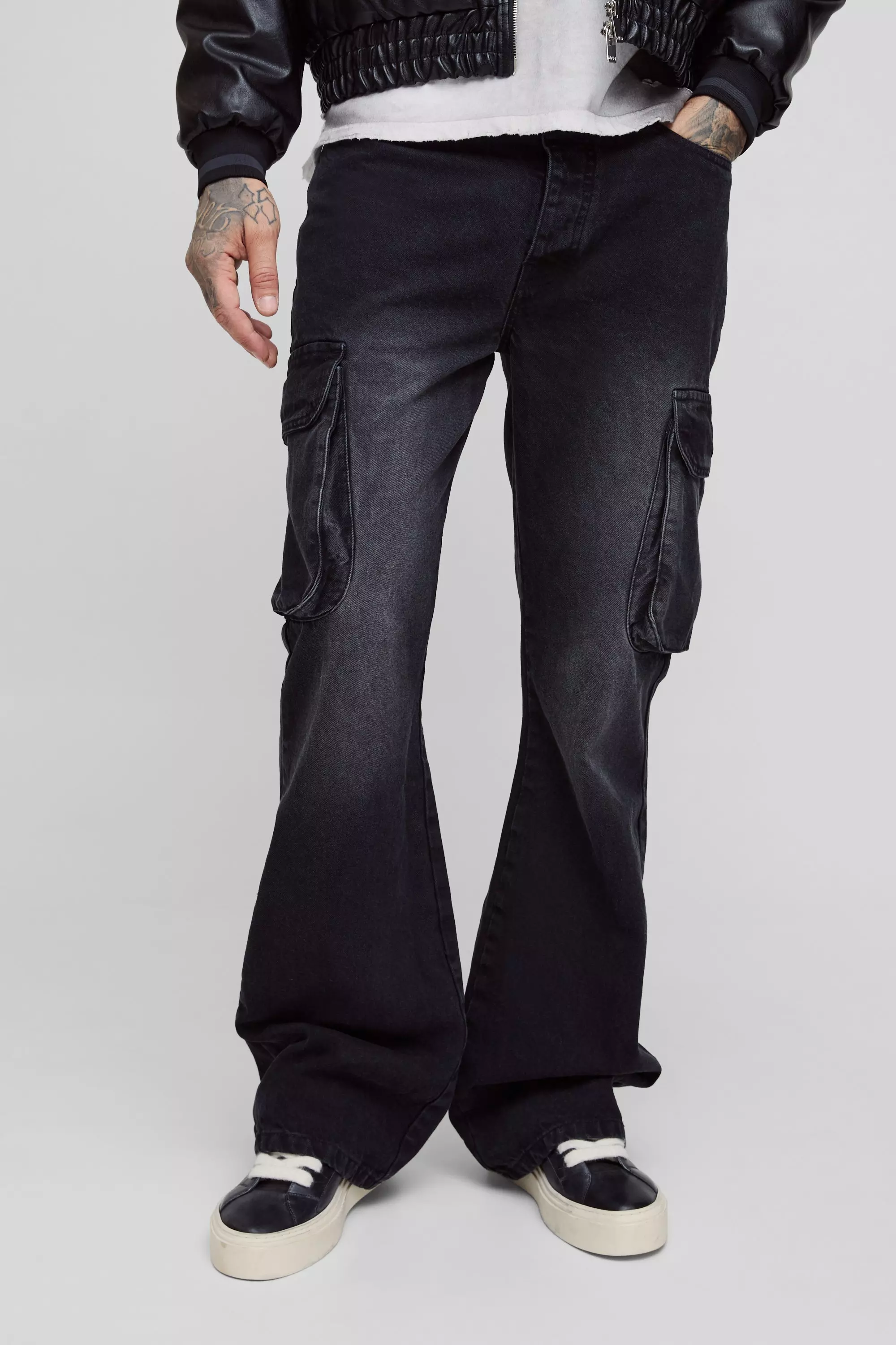 Washed black Tall Relaxed Rigid Flare Cargo Jeans alternative image