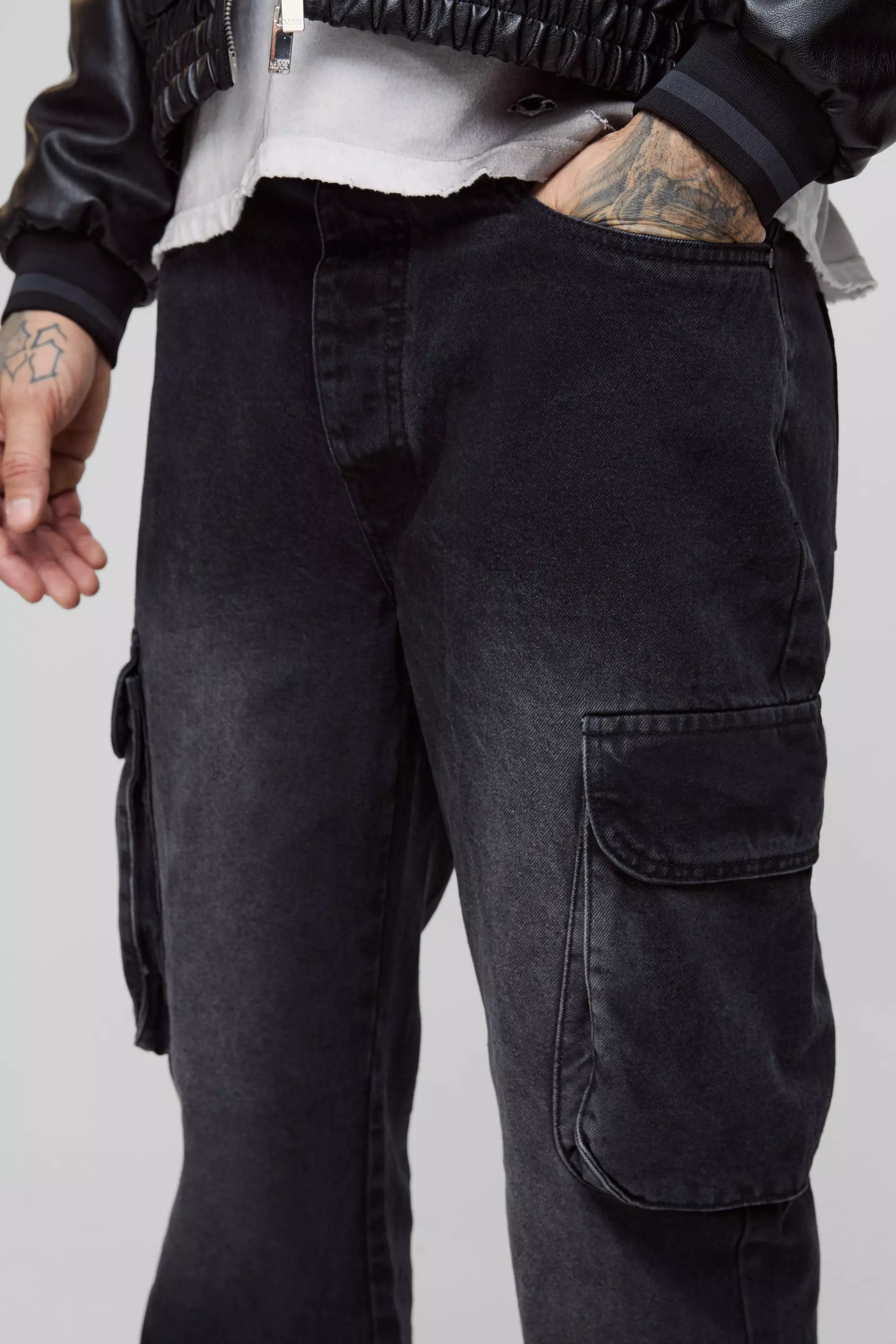 Washed black Tall Relaxed Rigid Flare Cargo Jeans alternative image