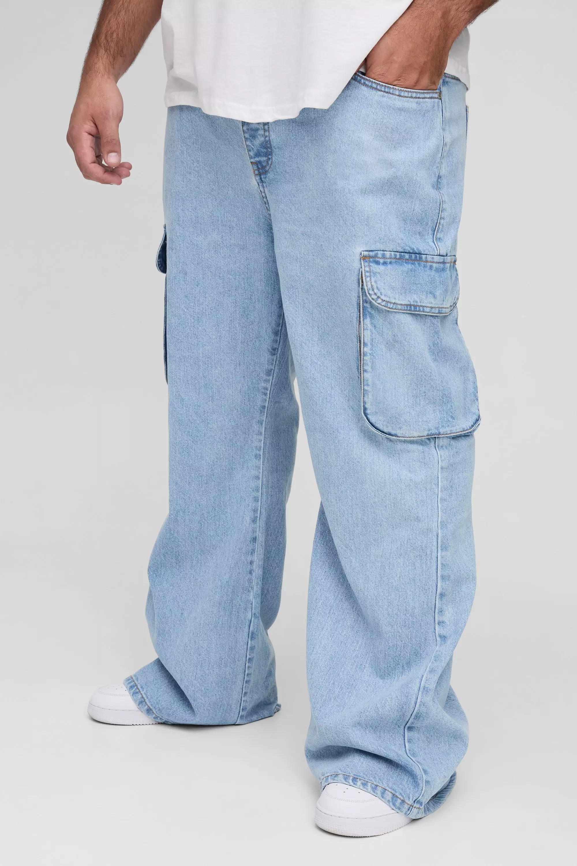 Plus Relaxed Rigid Flare Cargo Jeans Light blue