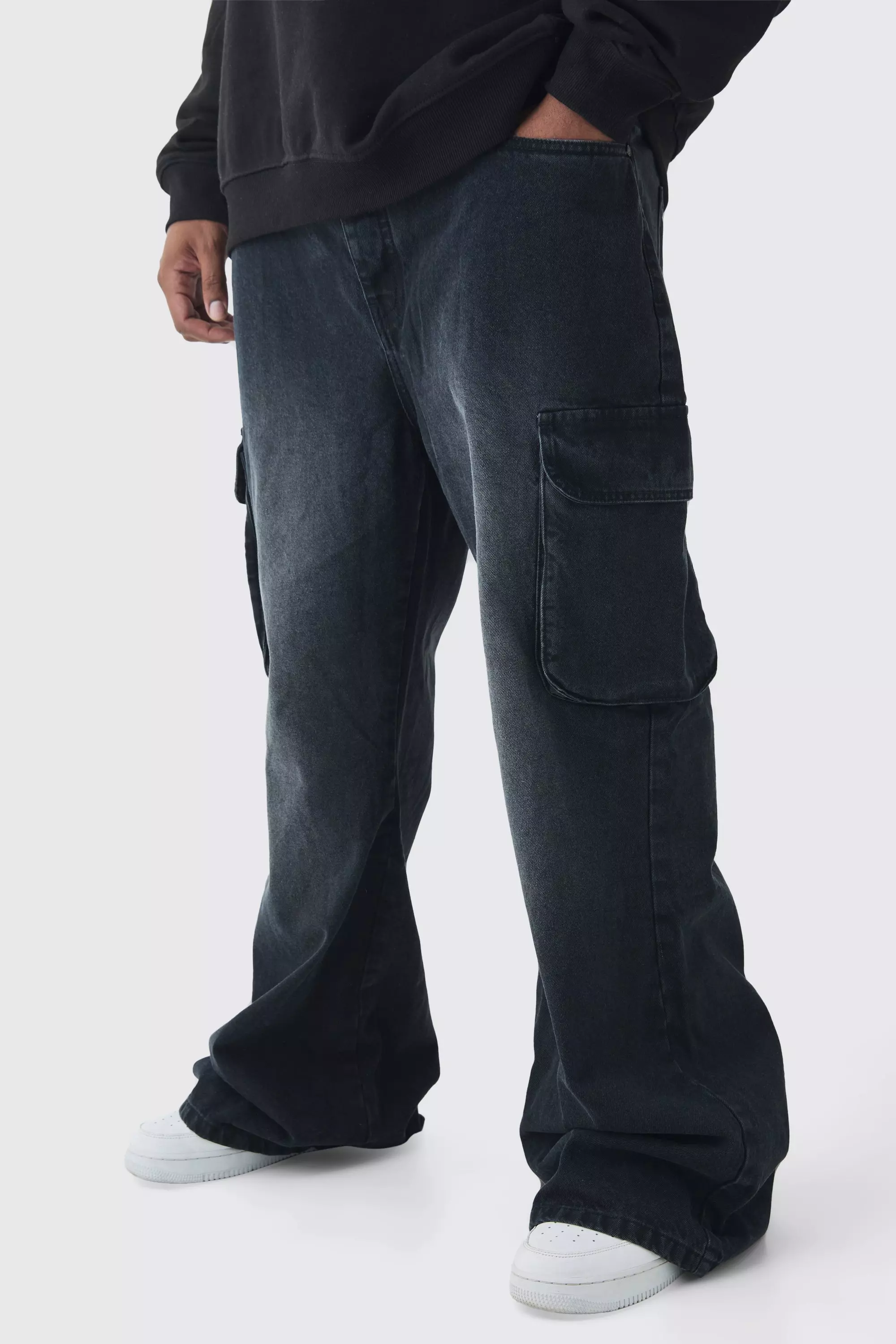 Jeans Cargo A Zampa In Denim Rigido Rilassati, Washed black immagine alternativa