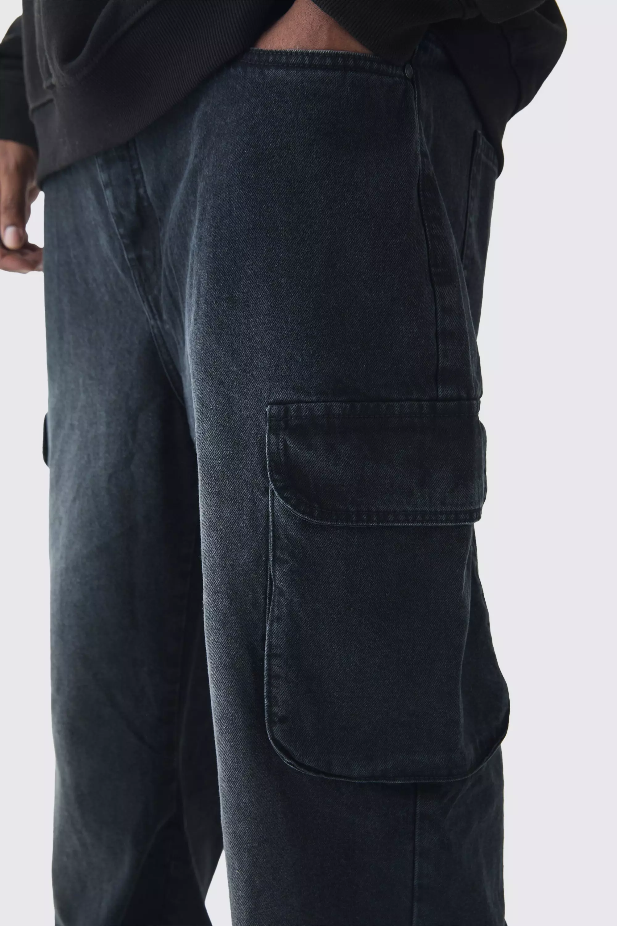 Jeans Cargo A Zampa In Denim Rigido Rilassati, Washed black immagine alternativa