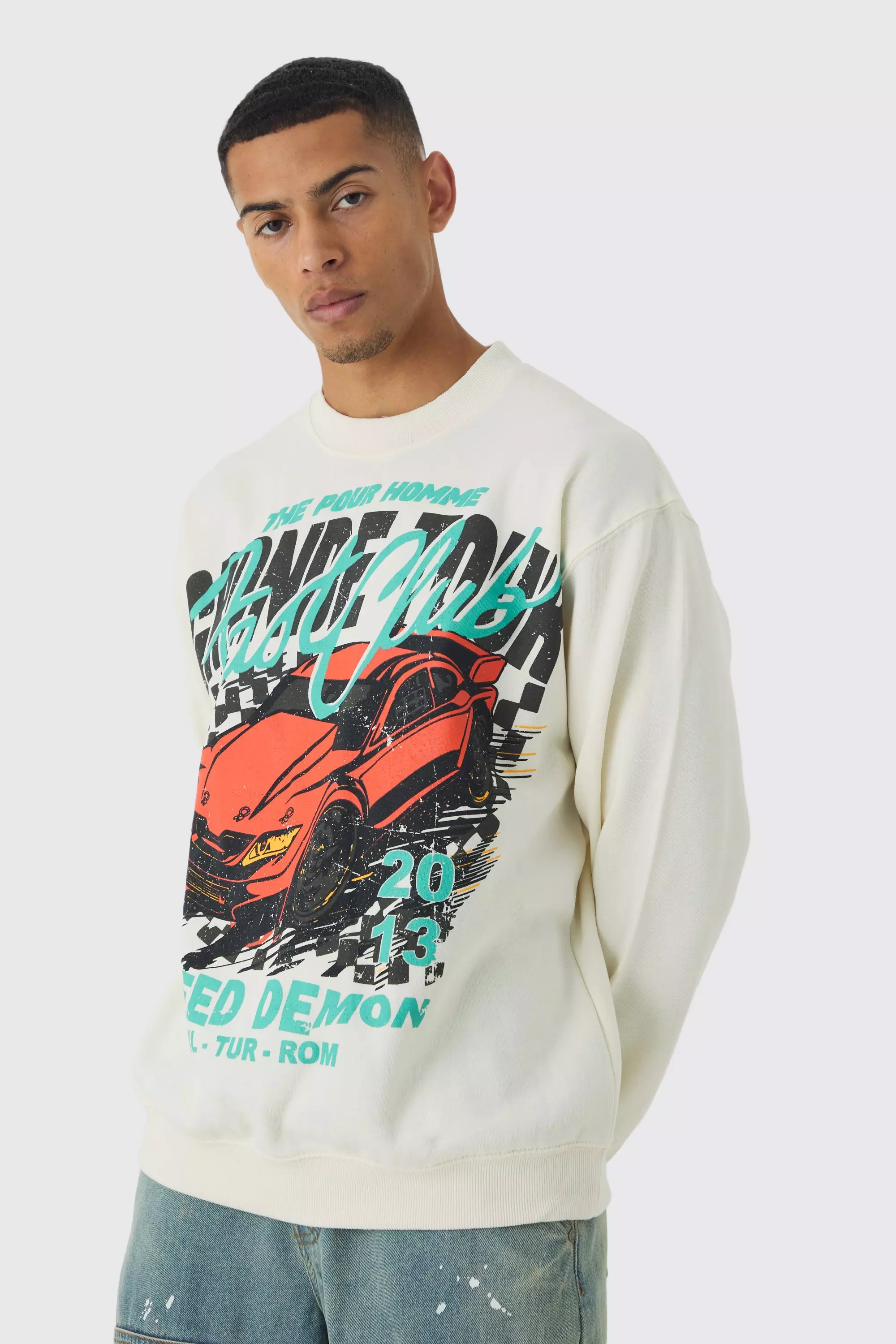 Oversized Large Scale Racing Graphic Sweatshirt Ecru