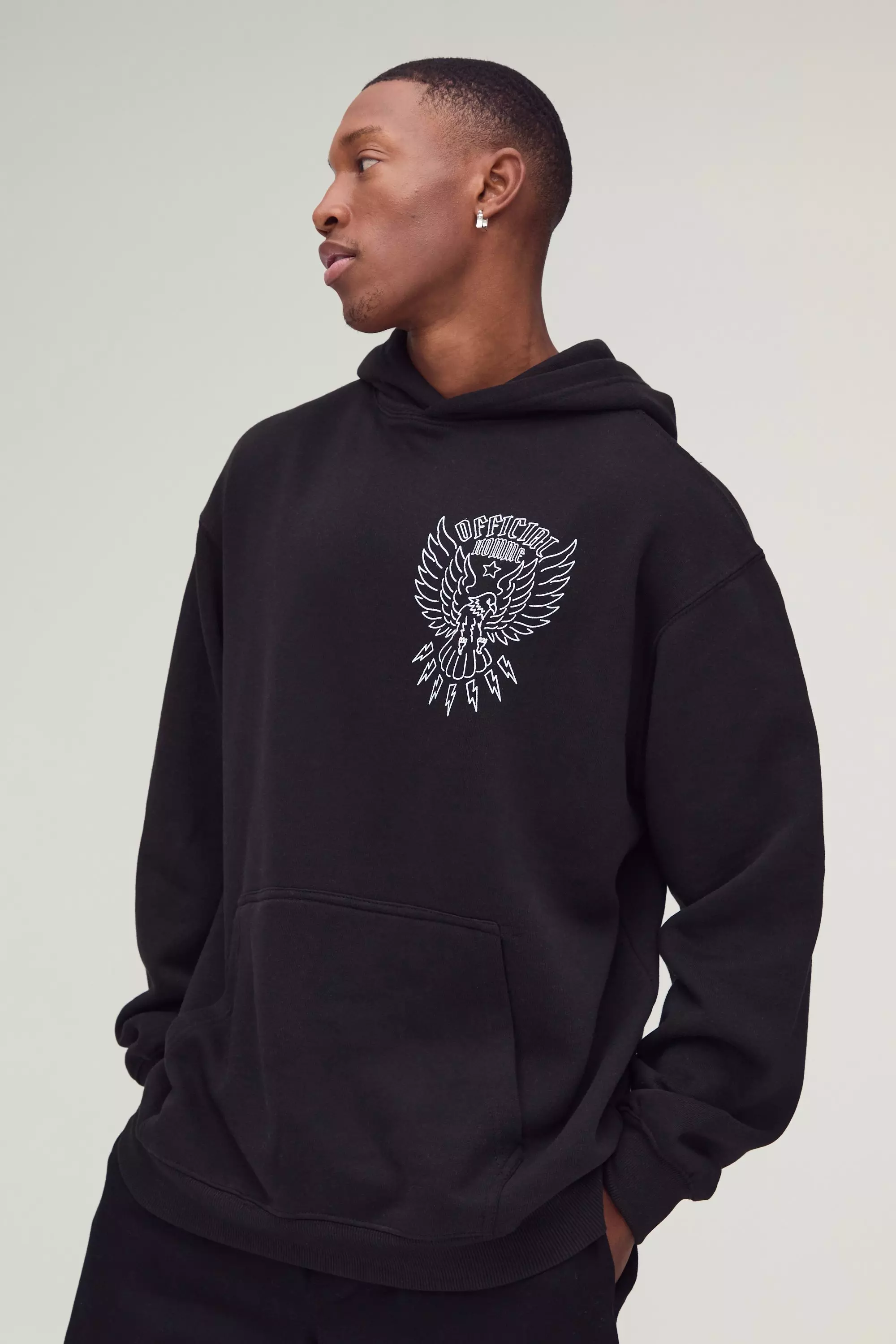 Black Oversized Official Eagle Line Drawn Graphic Hoodie alternative image