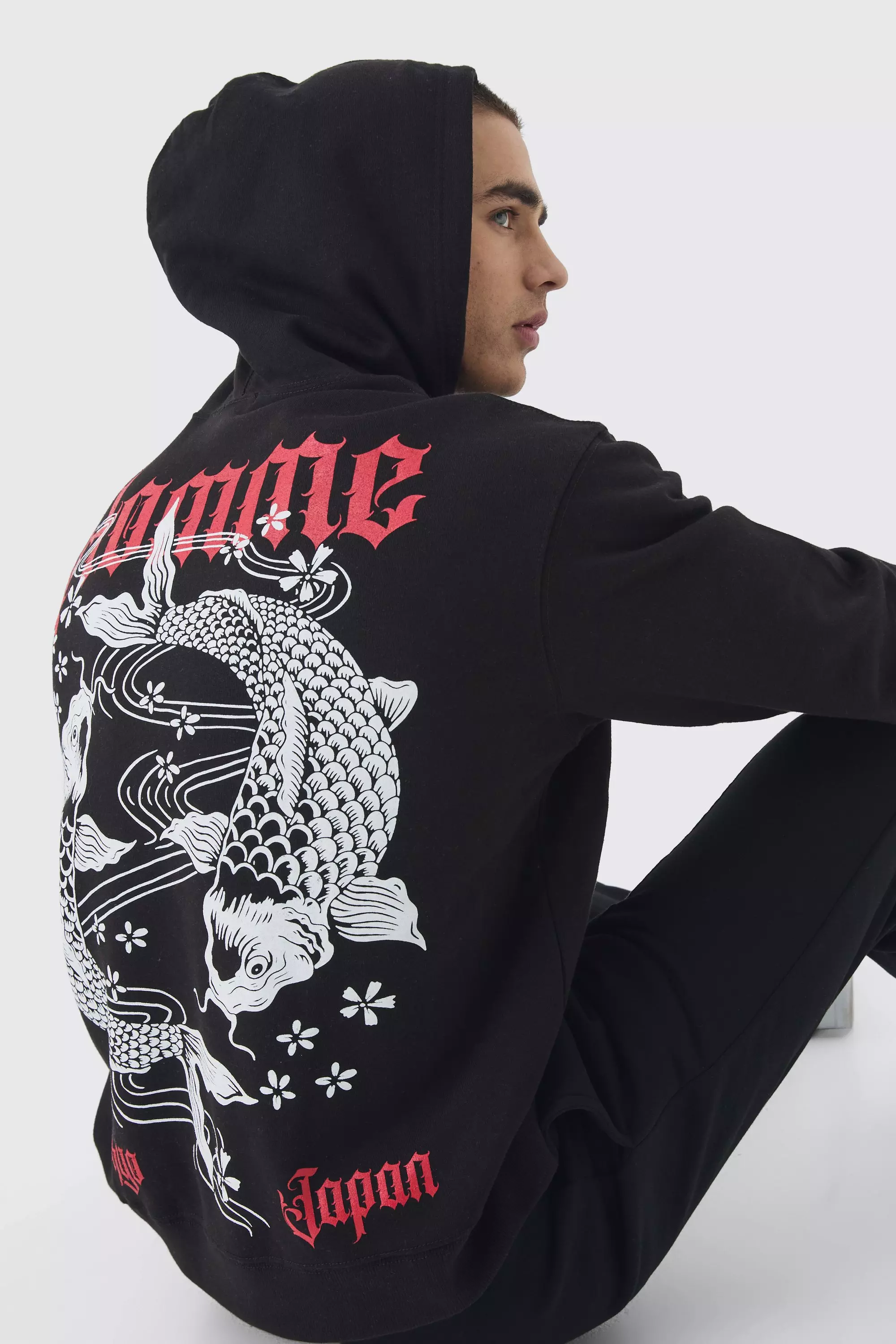 Boxy Homme Koi Carp Graphic Hoodie Black