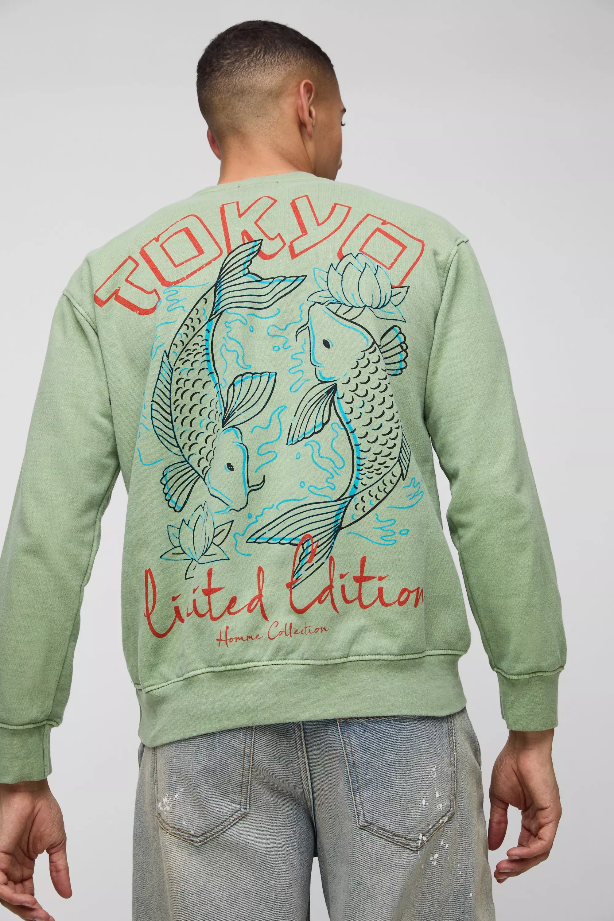 Tokyo Limited Edition Koi Carp Graphic Washed Sweatshirt Sage