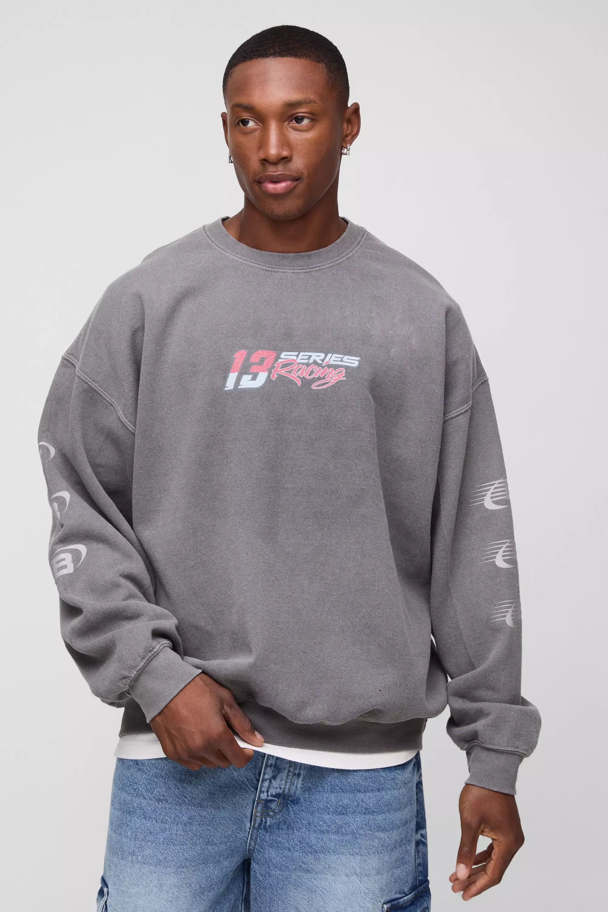 Oversized Washed Moto Racing Graphic Sweatshirt Charcoal