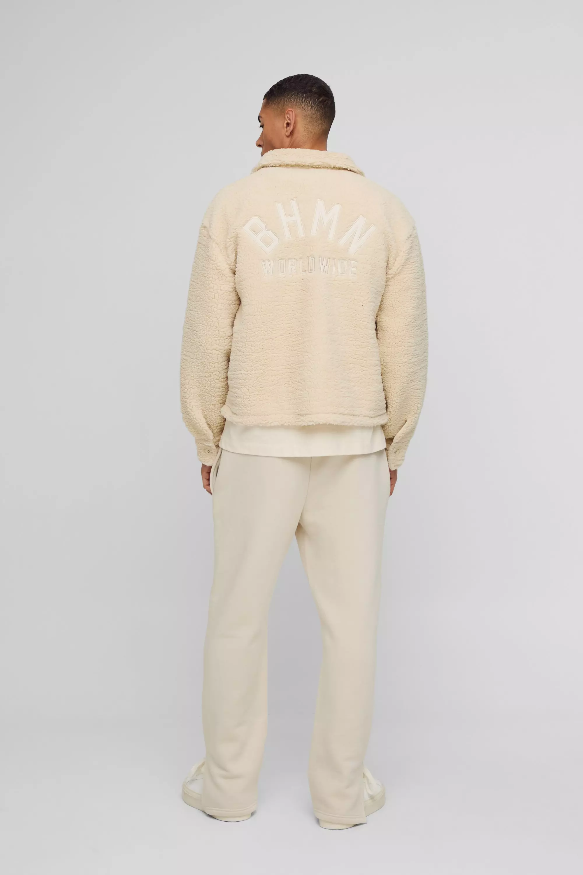 Borg Pocket Detail Applique Overshirt in Beige alternative image