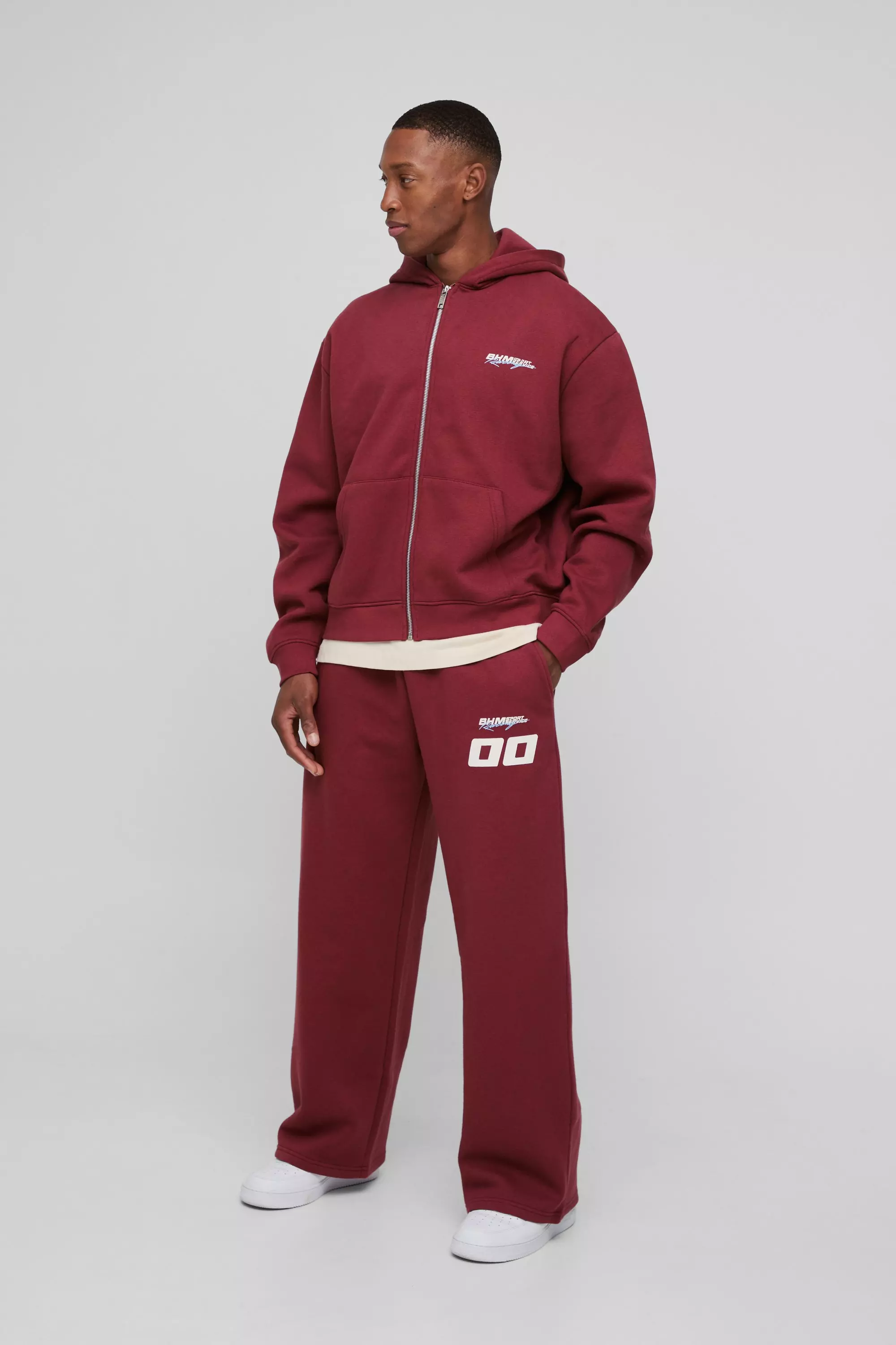 Burgundy Red Zip Through Moto And Sweatpants Print Tracksuit