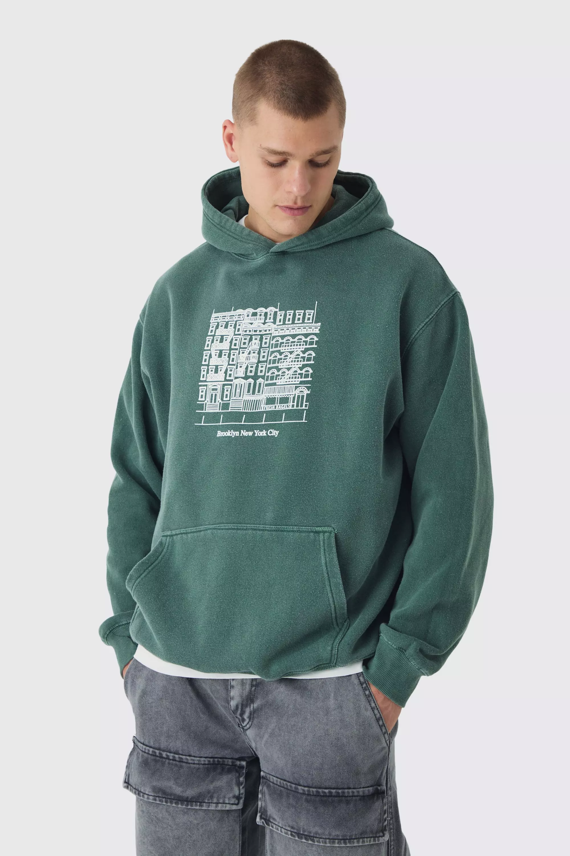 Oversized Washed Brooklyn Line Drawing Graphic Hoodie boohooMAN