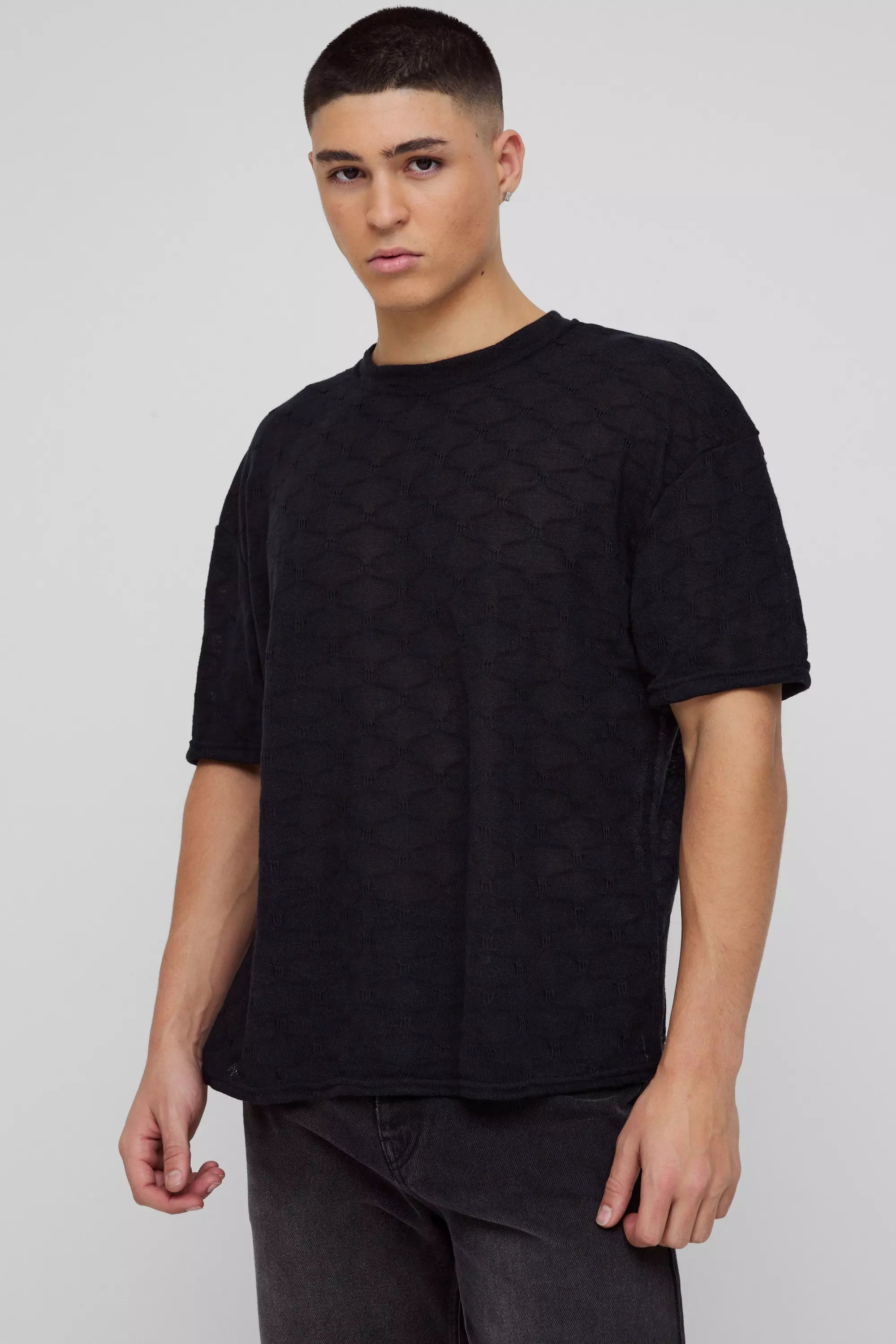 Black Oversized Boxy Textured T-shirt