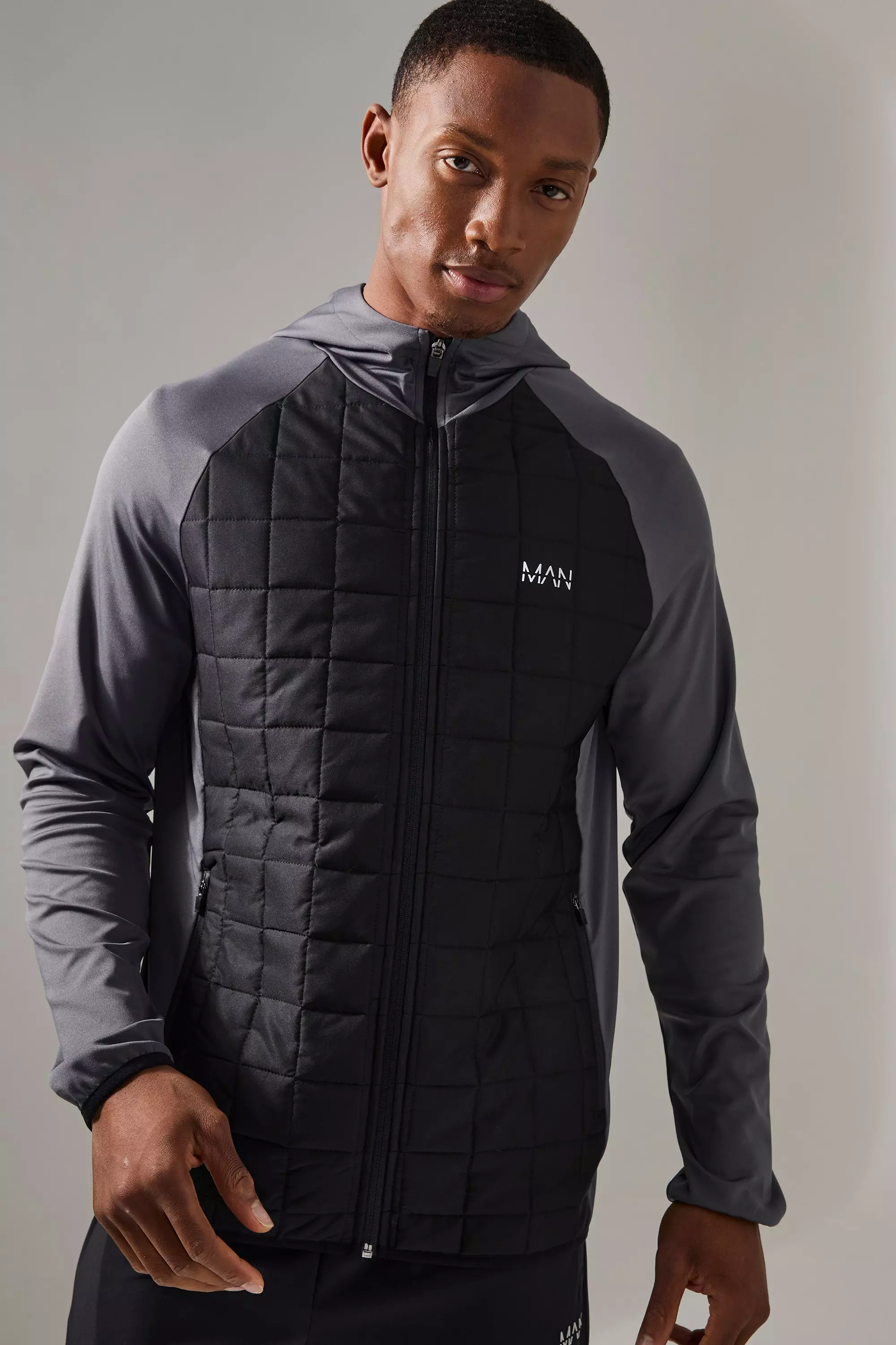 Man Active PlaidQuilted Zip Through Hoodie Charcoal