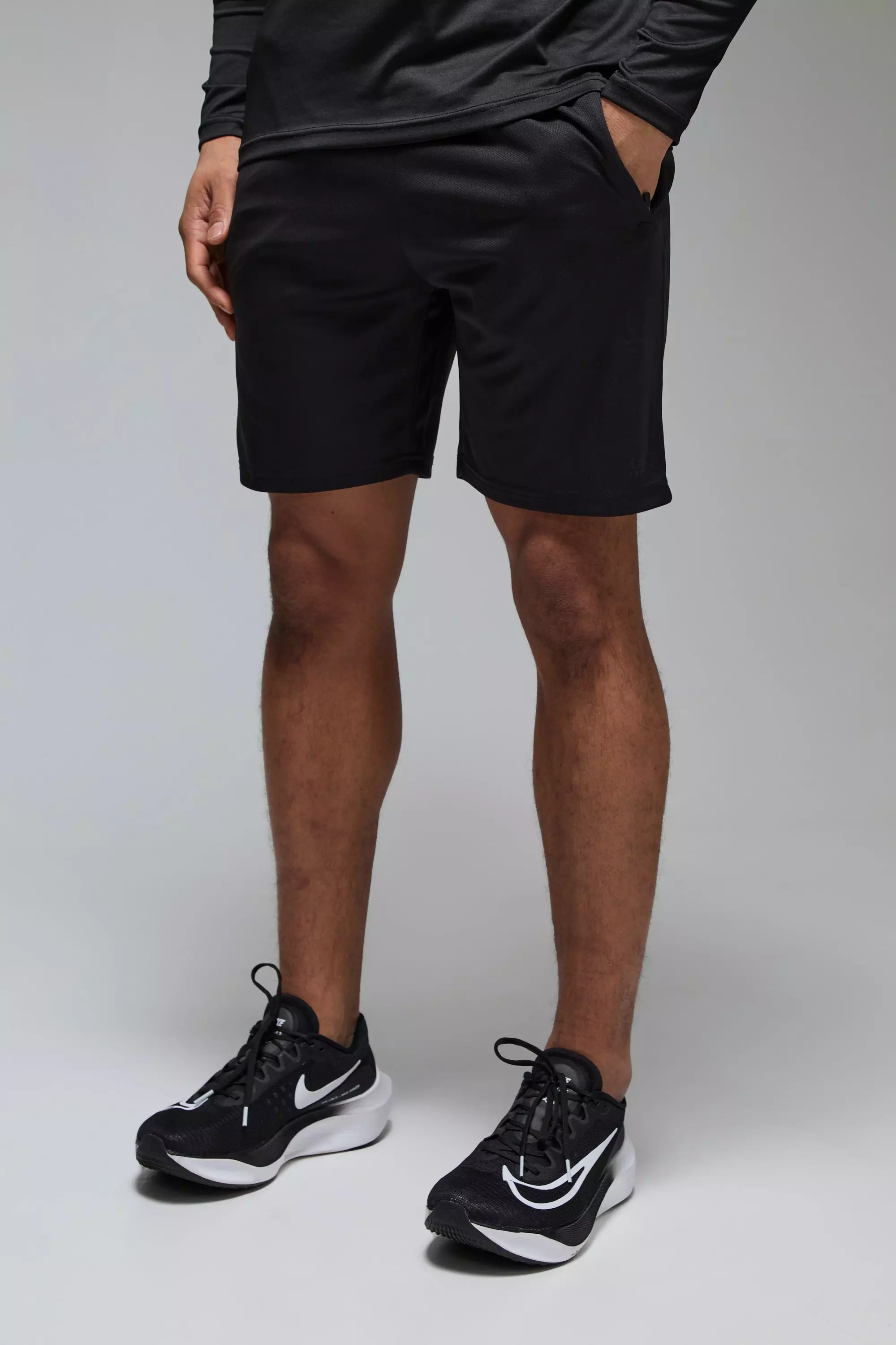 Man Active Zip Pockets Stretch 7inch Gym Short Black