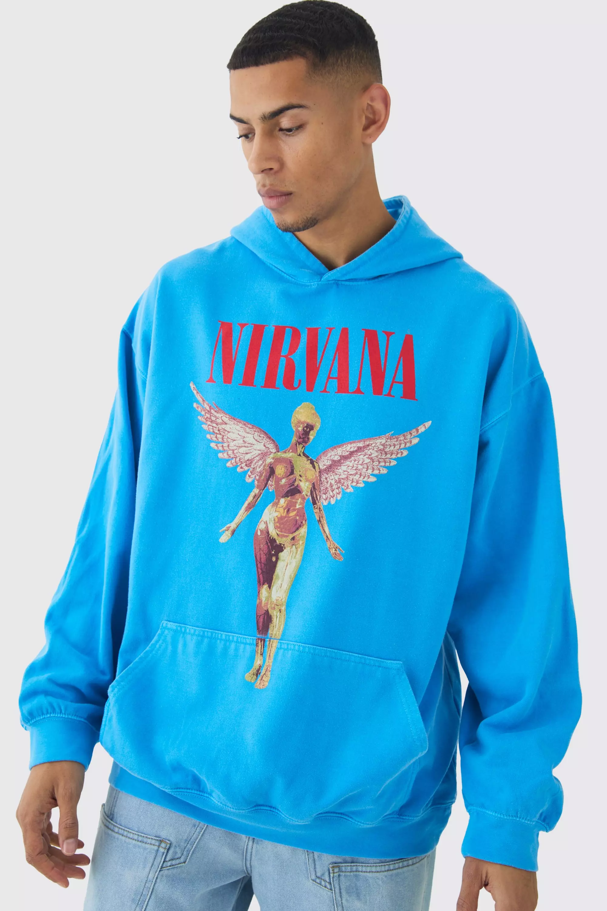 Blue Oversized Nirvana License Wash Print Hoodie alternative image
