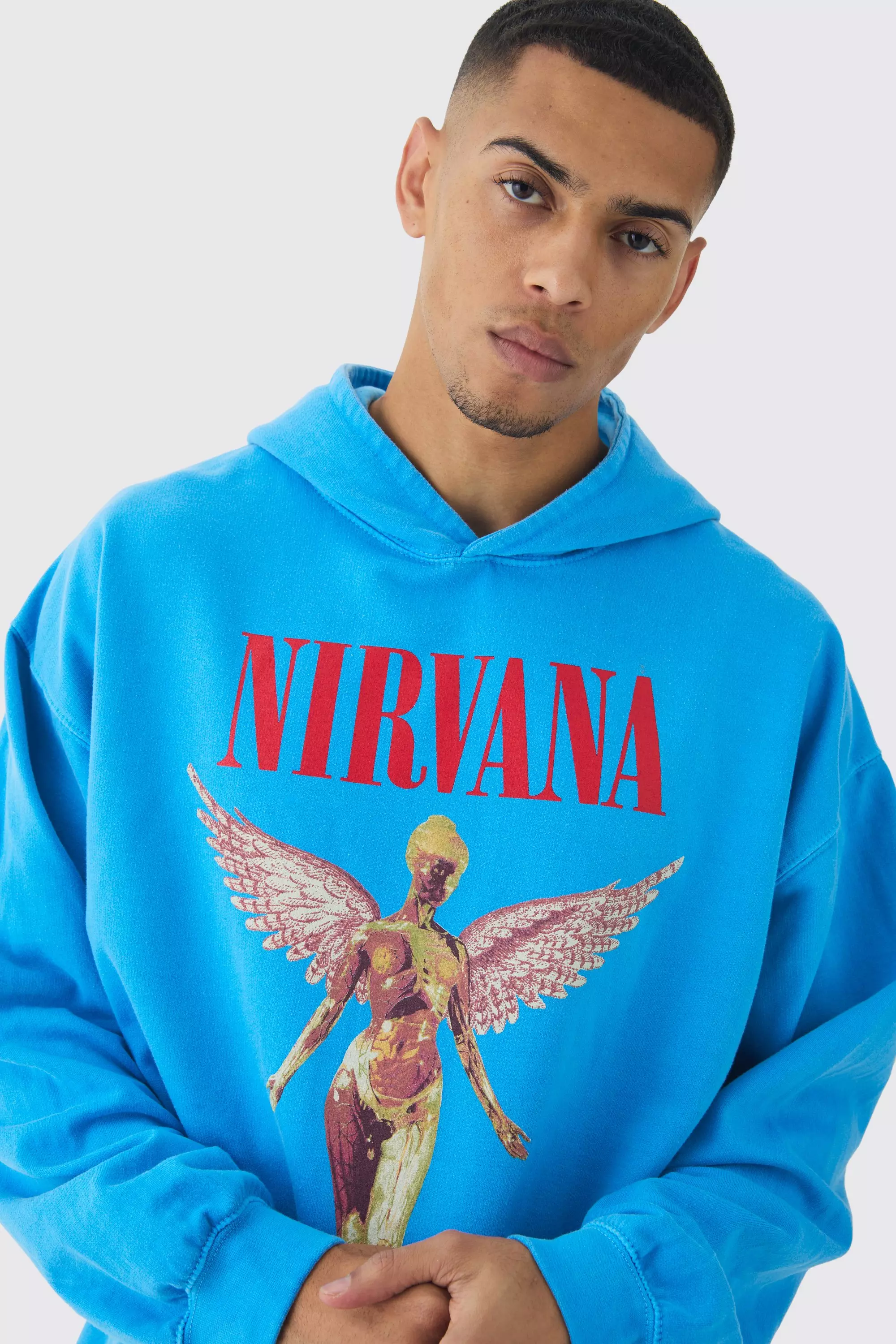 Blue Oversized Nirvana License Wash Print Hoodie alternative image