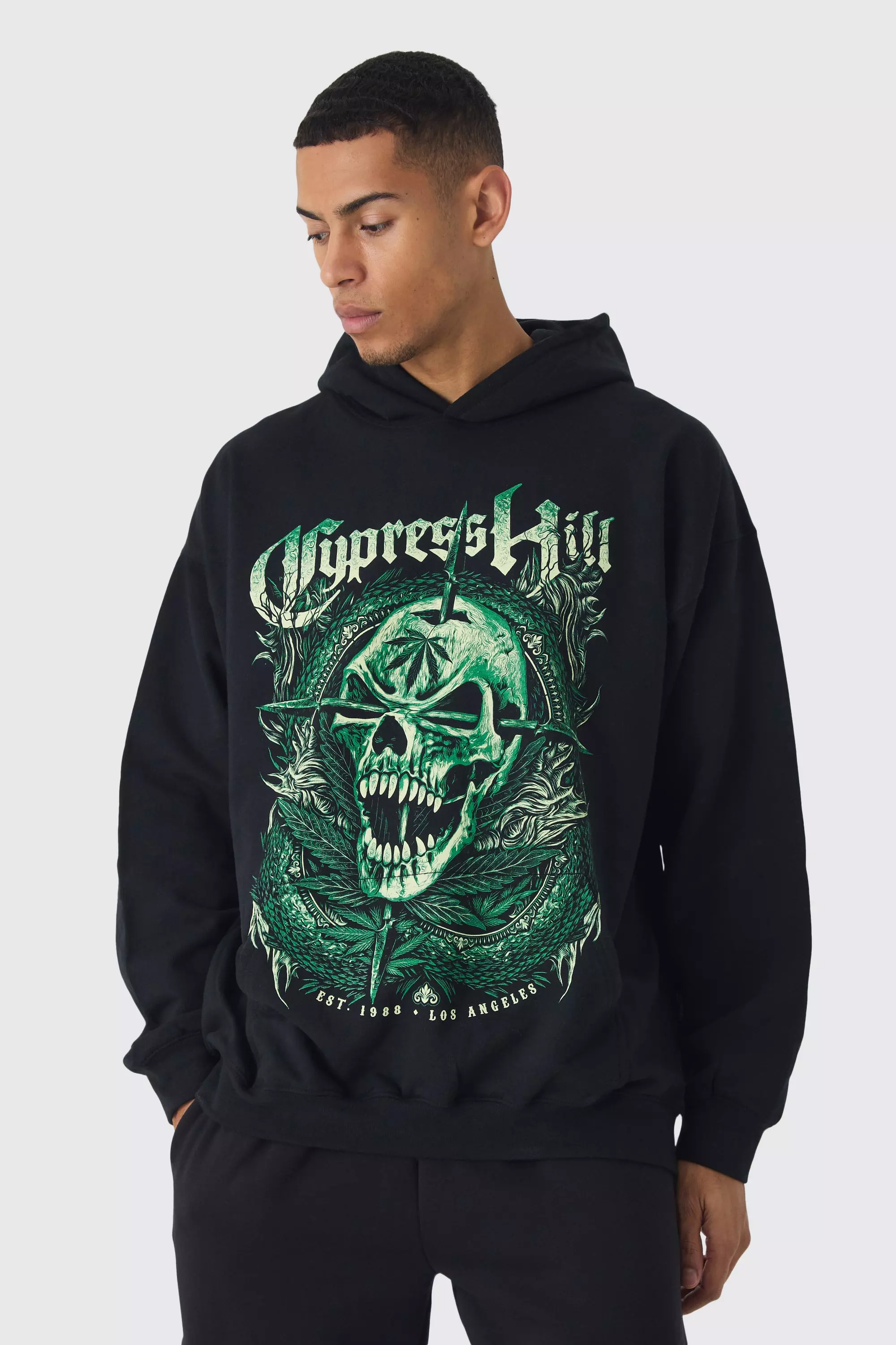 Black Oversized Cypress Hill Band License Print Hoodie