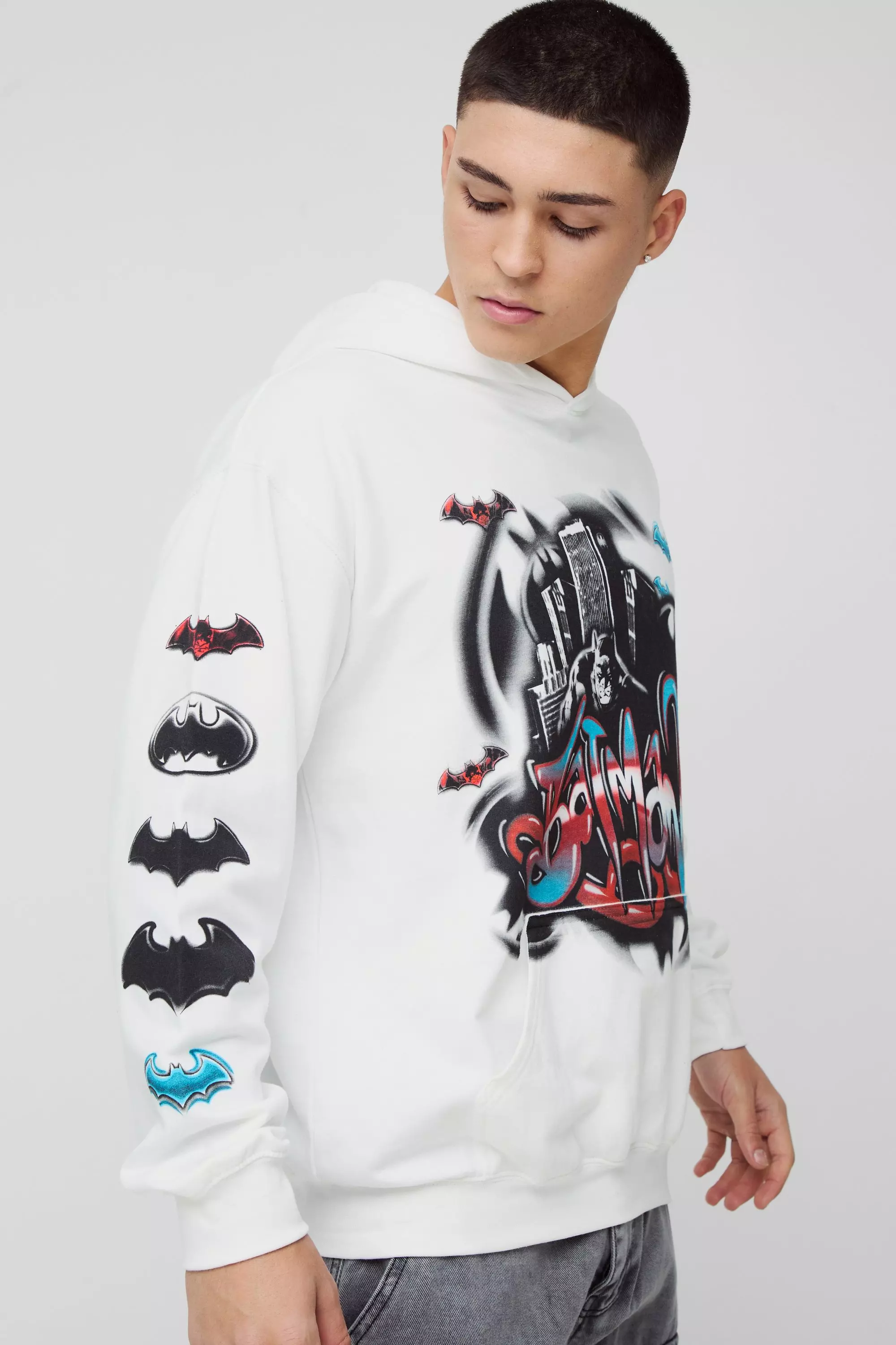 Oversized Batman Grafitti License Print Hoodie White