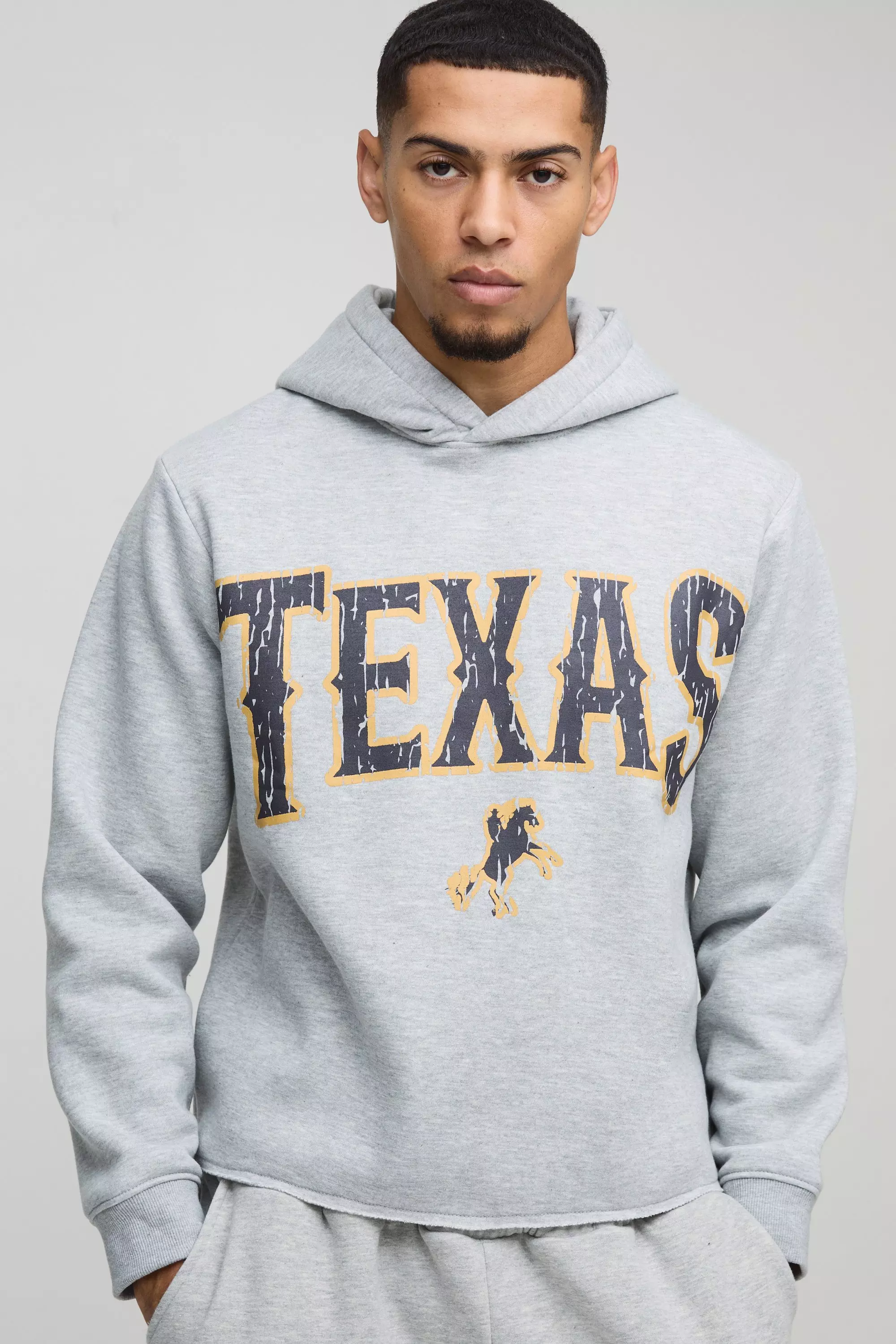 Grey Boxy Marl Raw Hem Texas Western Hoodie