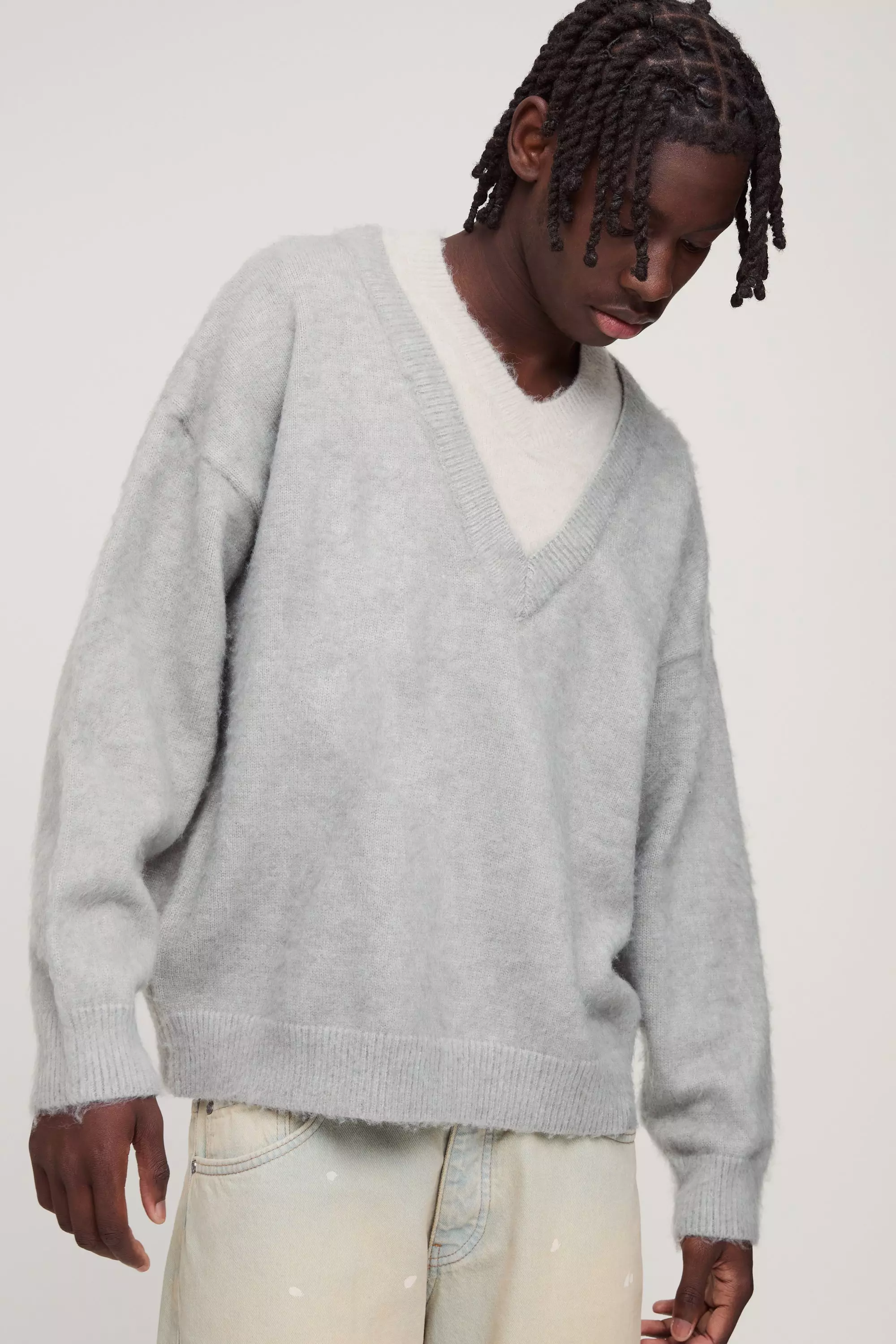 Grey Oversized Double Layer Brushed Knitted Jumper alternative image
