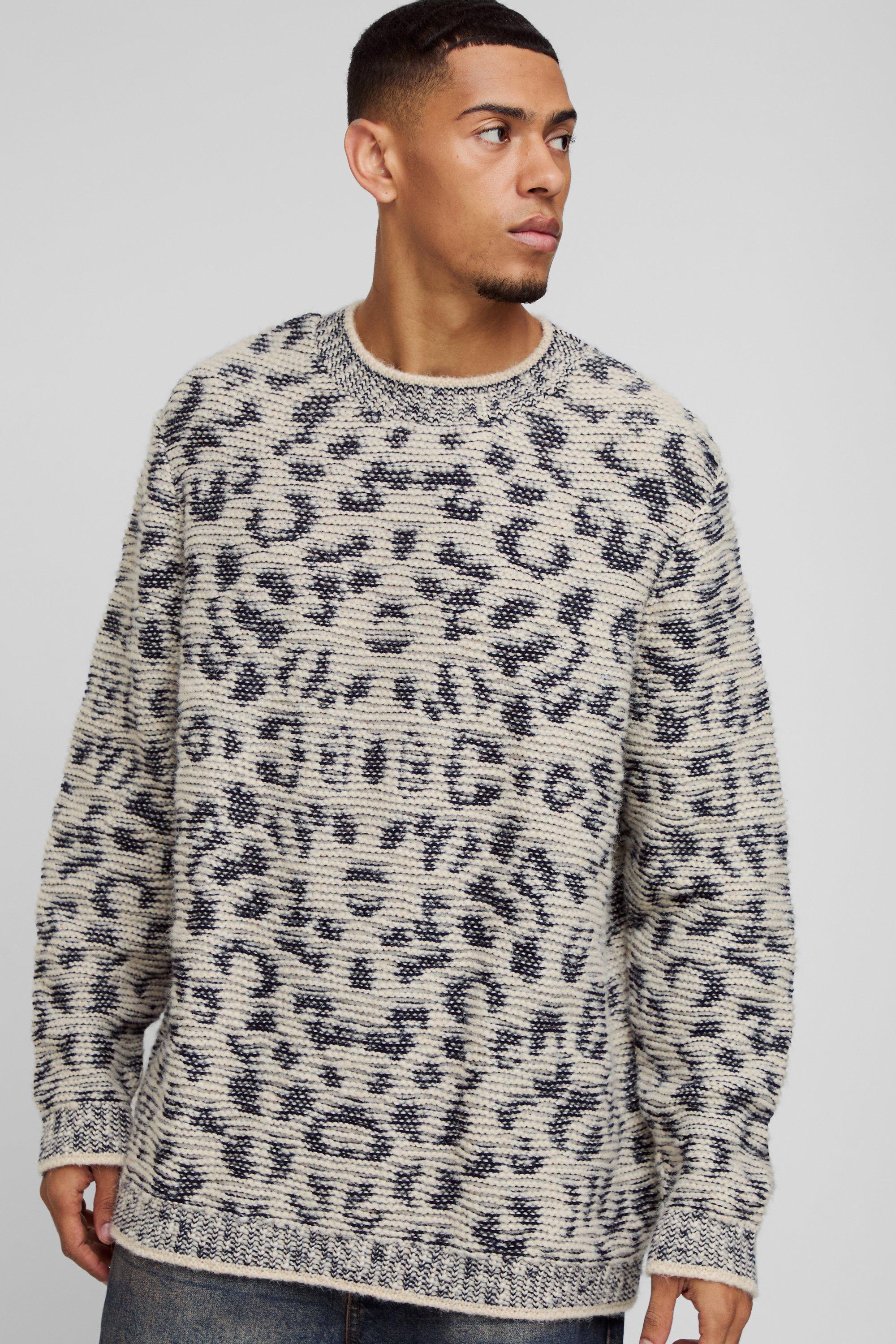 boohoo Women s Oversized Jacquard Leopard Print Brushed Knitted Sweater Gray Sweaters