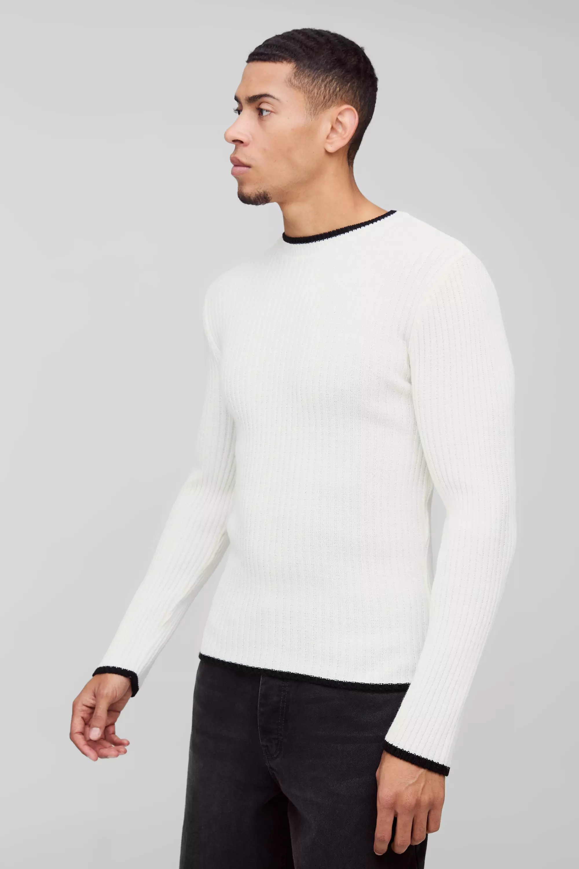 Muscle Fit Contrast Colour Long Sleeve Knitted Jumper White