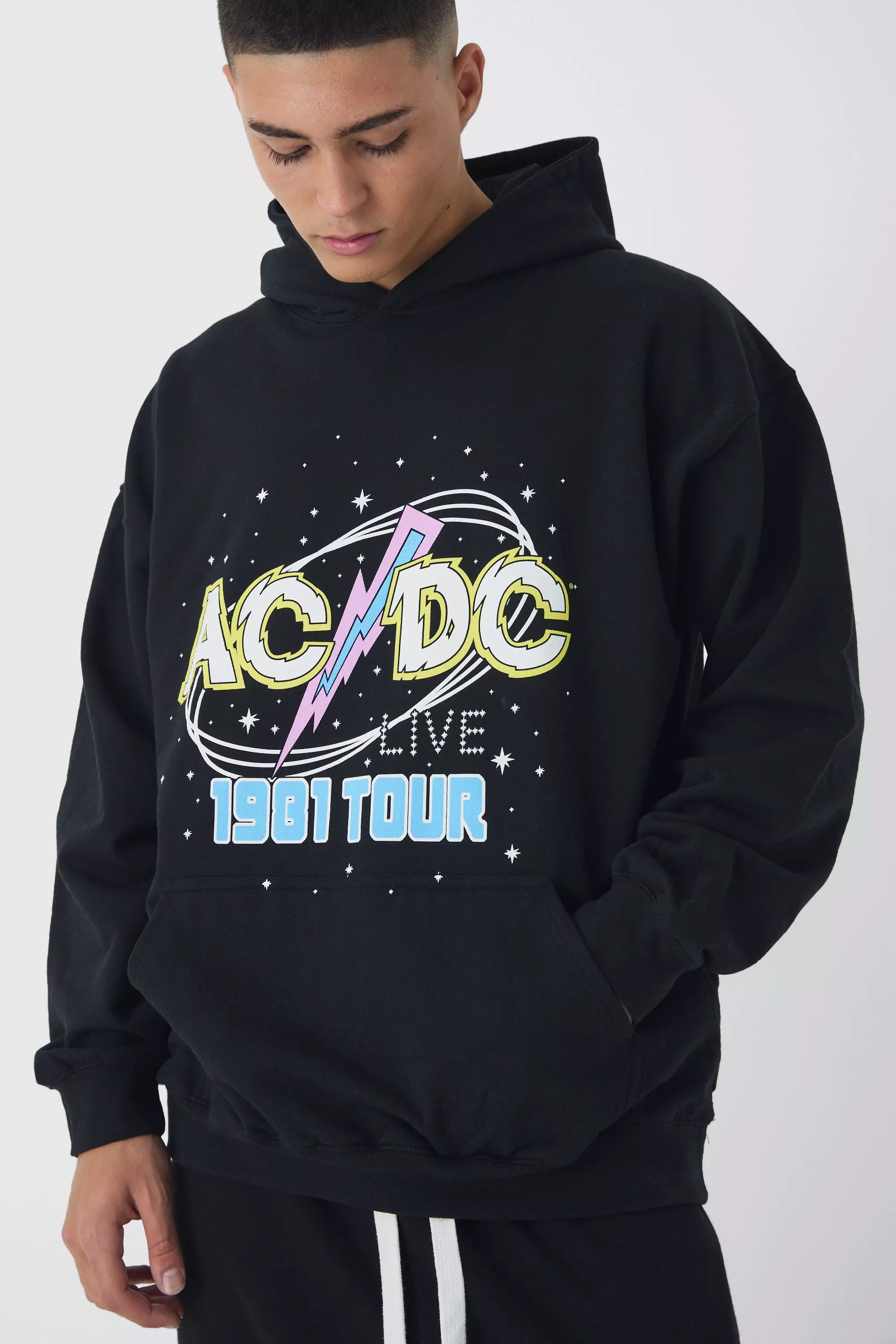 Black Oversized ACDC Band Tour License Print Hoodie