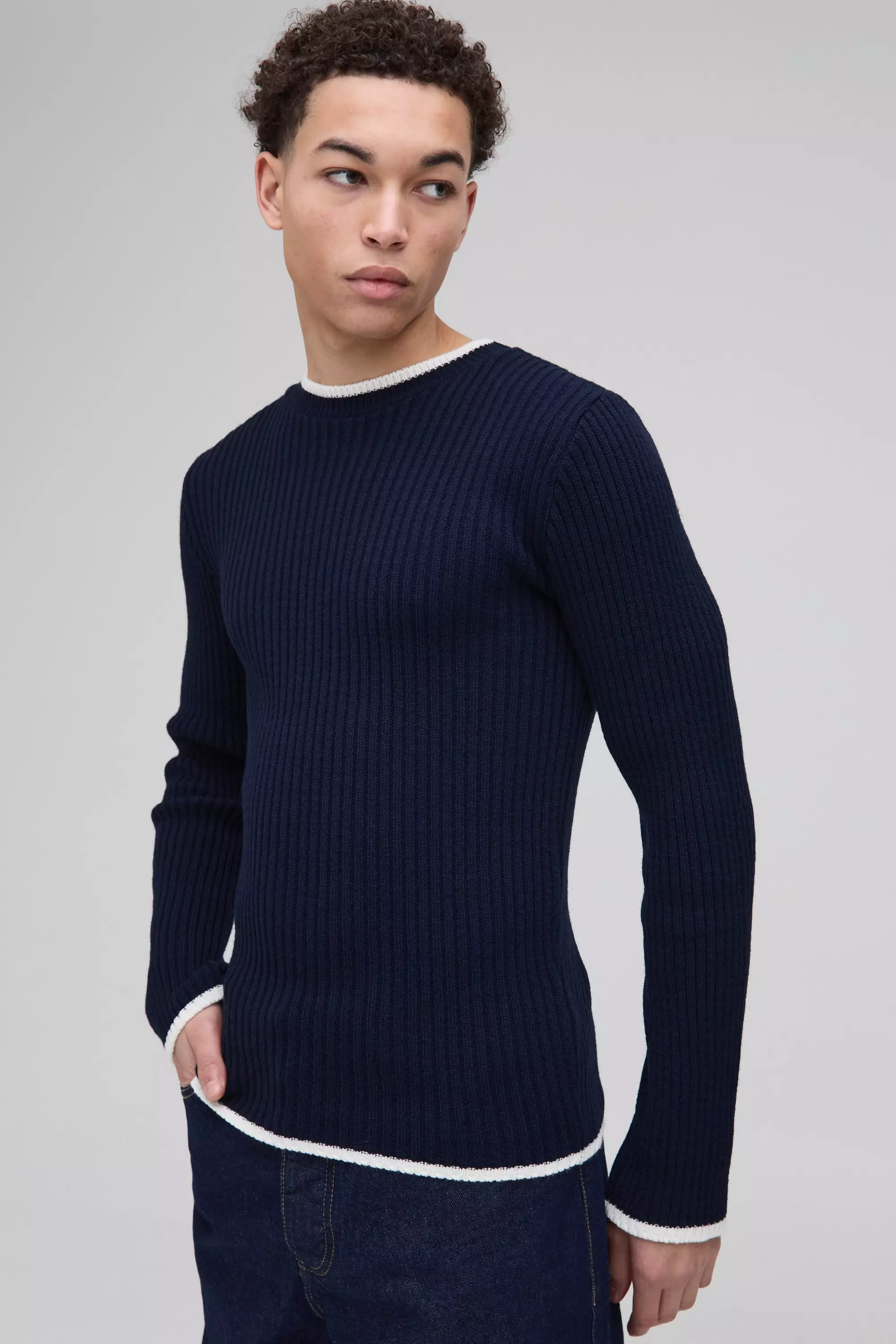 Muscle Fit Contrast Colour Long Sleeve Knitted Jumper boohooMAN USA