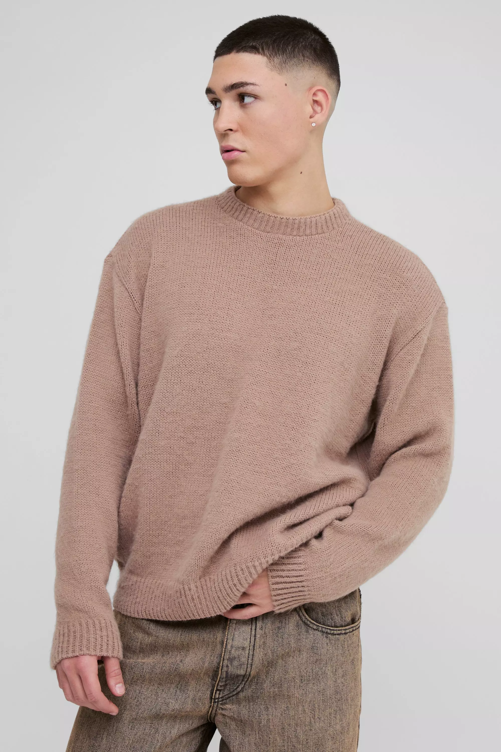 Oversized Boxy Brushed Knitted Sweater Stone