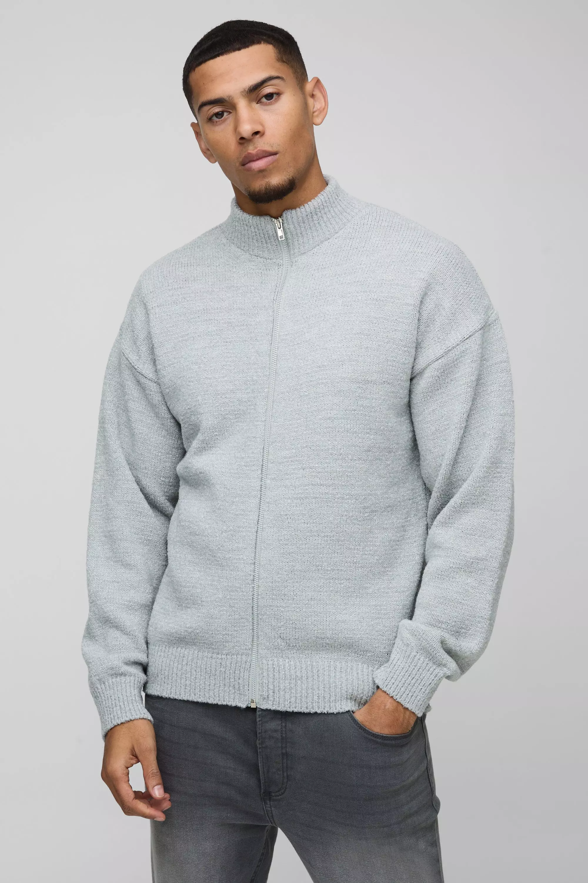 Grey Relaxed Fit Boucle Zip Up Knitted Jumper alternative image