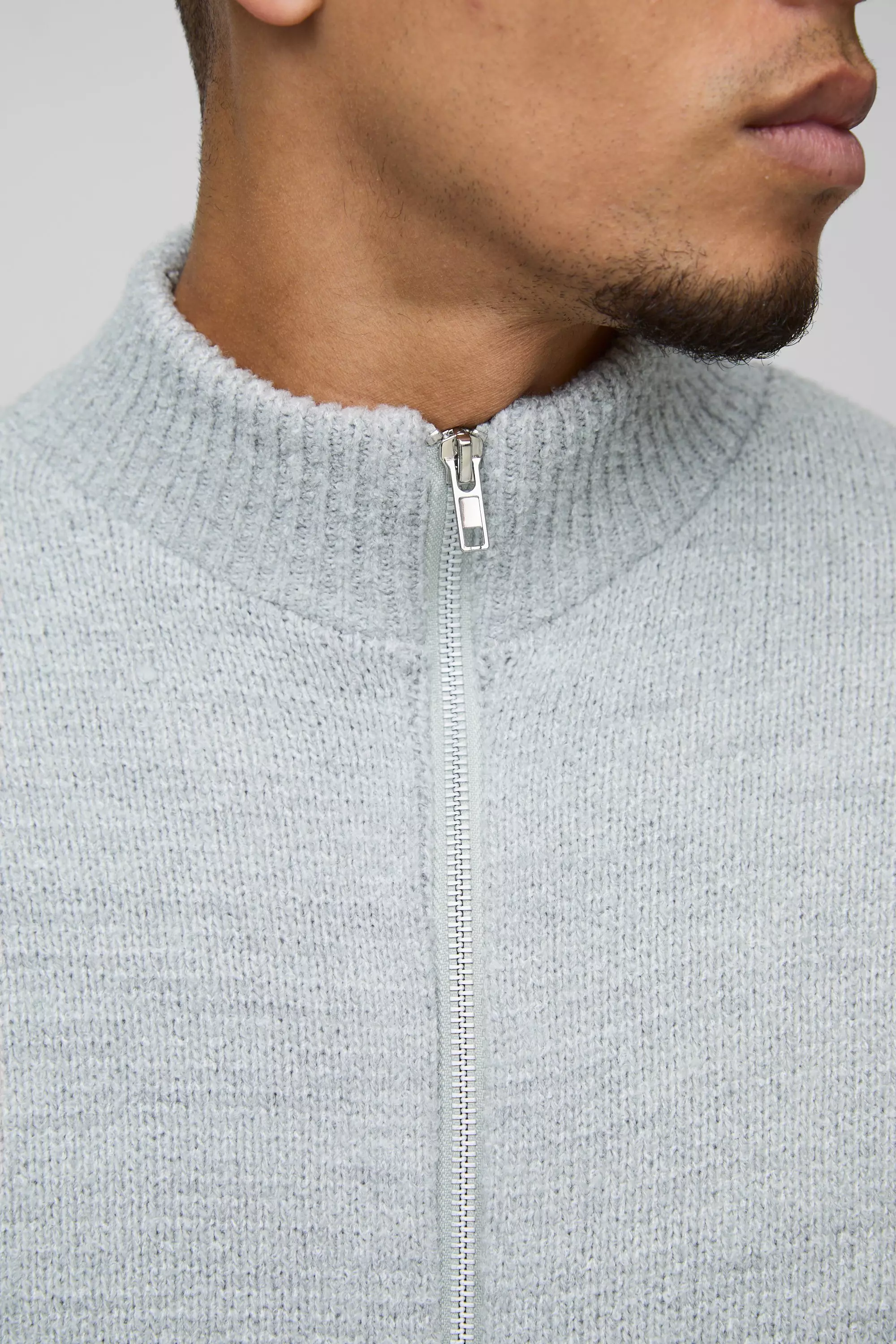 Grey Relaxed Fit Boucle Zip Up Knitted Jumper alternative image
