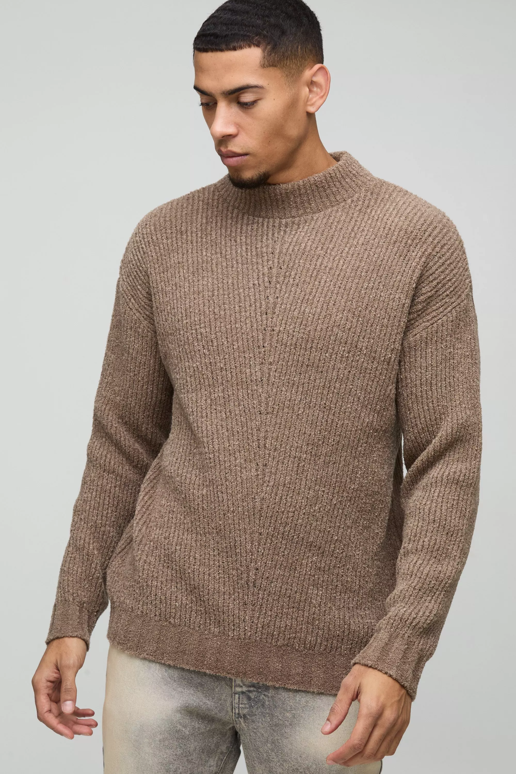 Relaxed Fit Boucle Funnel Neck Knitted Jumper Brown