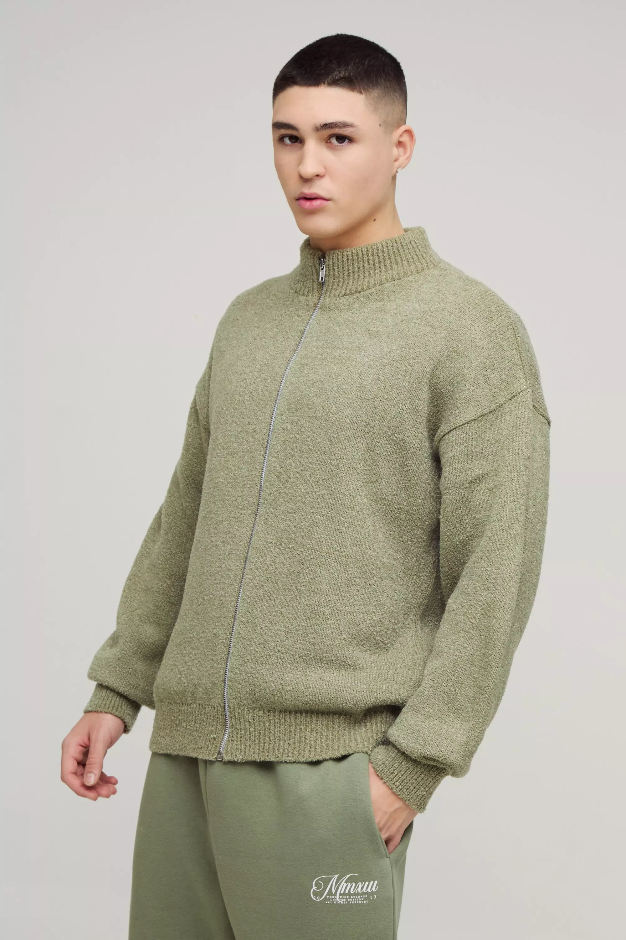 Khaki Relaxed Fit Boucle Zip Up Knitted Jumper alternative image