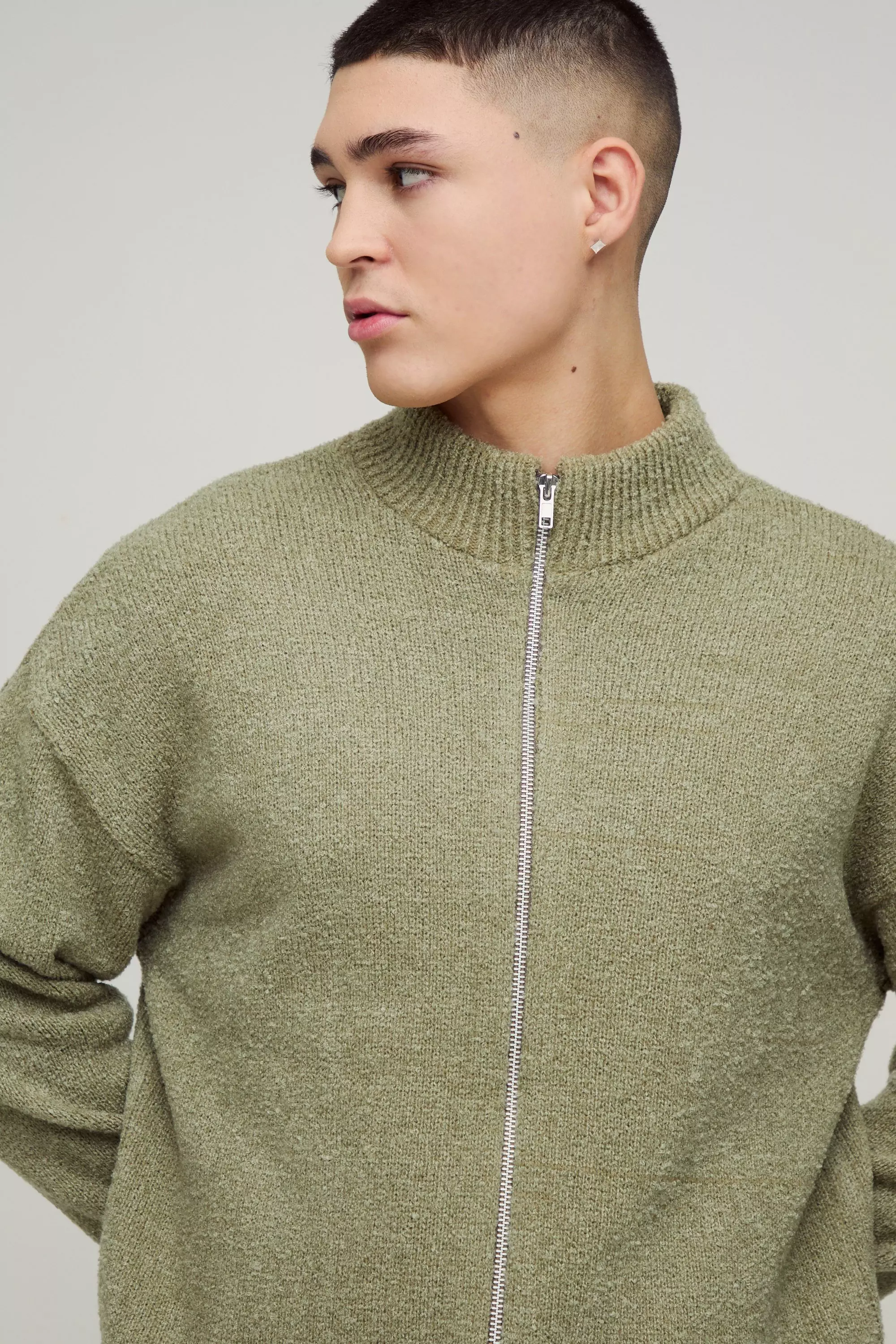Khaki Relaxed Fit Boucle Zip Up Knitted Jumper alternative image