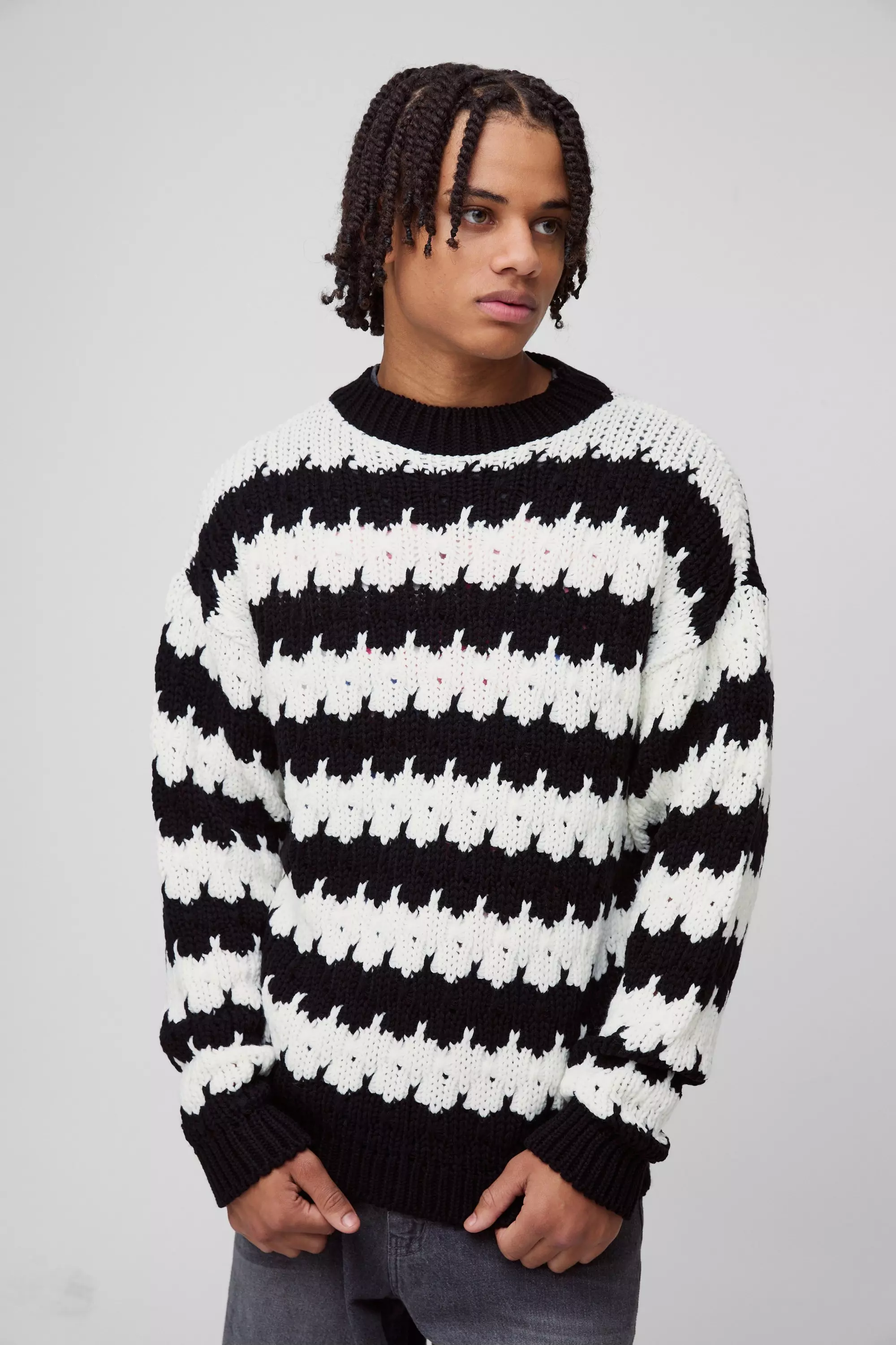 Black Oversized Boxy Patterned Knitted Jumper alternative image