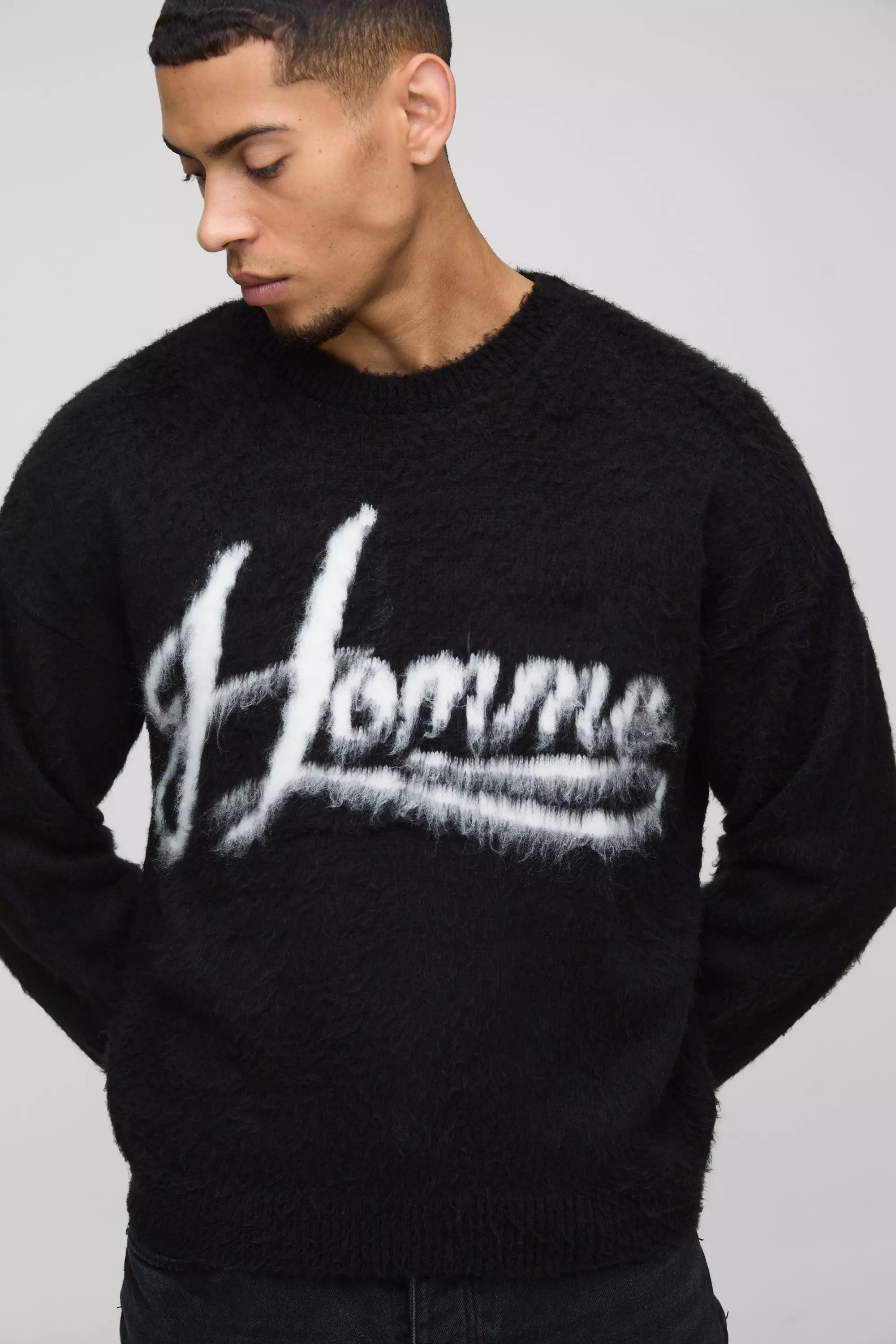 Kastiger Oversize Pullover mit Slogan, Black alternatives Bild